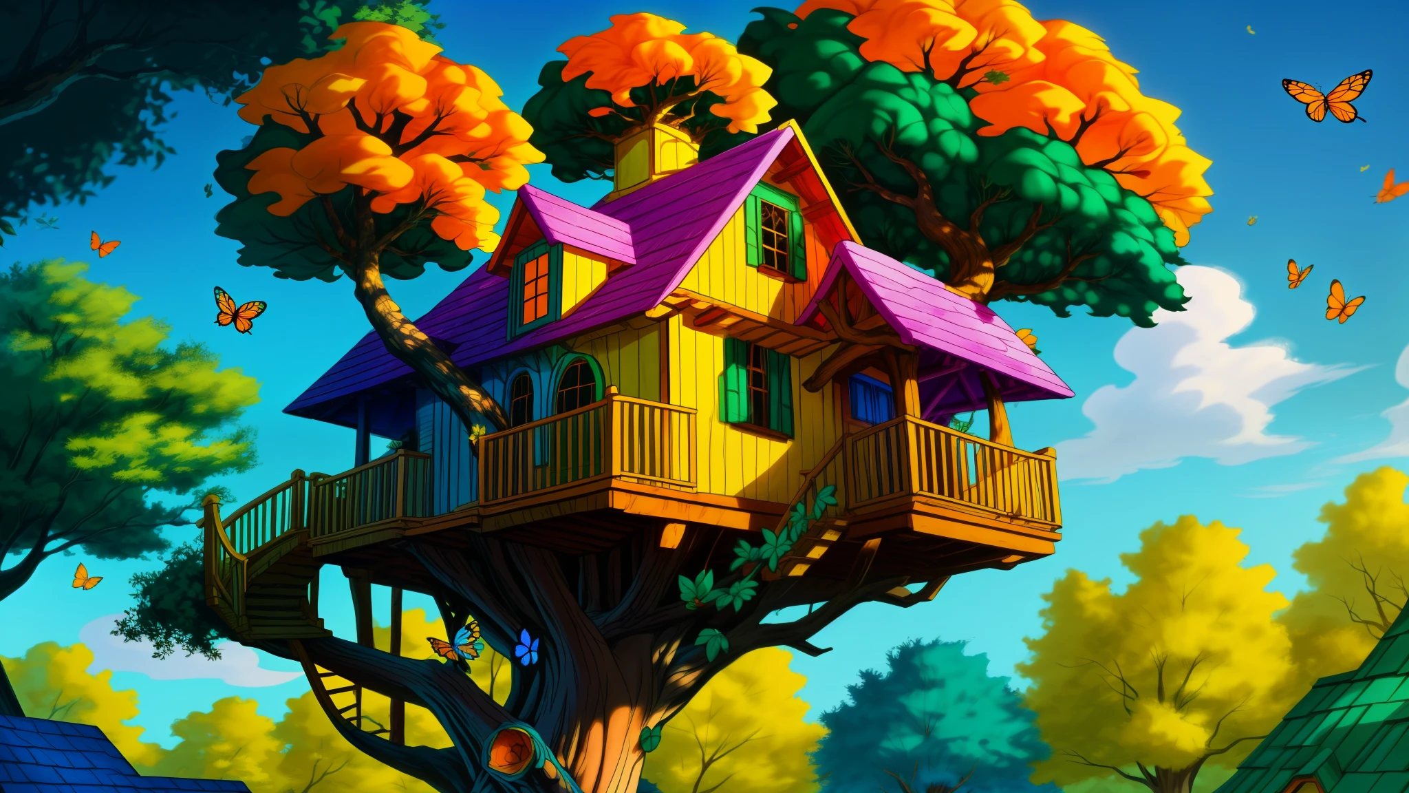 Disney Cartoon Tree House with Vibrant Colors
A tree house adorned with vibrant hues reminiscent of a Disney animated film,
with the essence of a cartoon in its very core,
illuminated in 4K resolution,
showcasing an array of enchanting cartoon animations.
A small, whimsical, and colorful treehouse, nestled high amongst the leaves,
complete with a slanted rooftop and a winding staircase,
decorated with cartoon characters, flowers, and butterflies.
The tree itself is a towering oak, painted in yellows, greens, and oranges,
wh