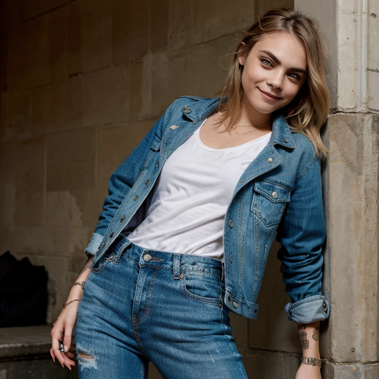 Cara Delevingne dressed in jacket and tight jeans and smiling