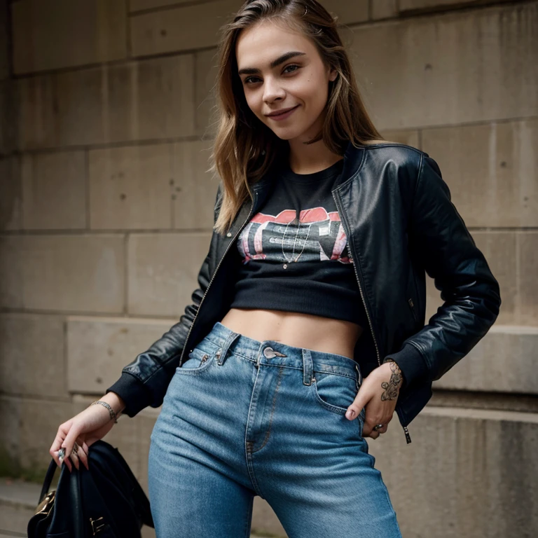 Cara Delevingne dressed in jacket and tight jeans and smiling