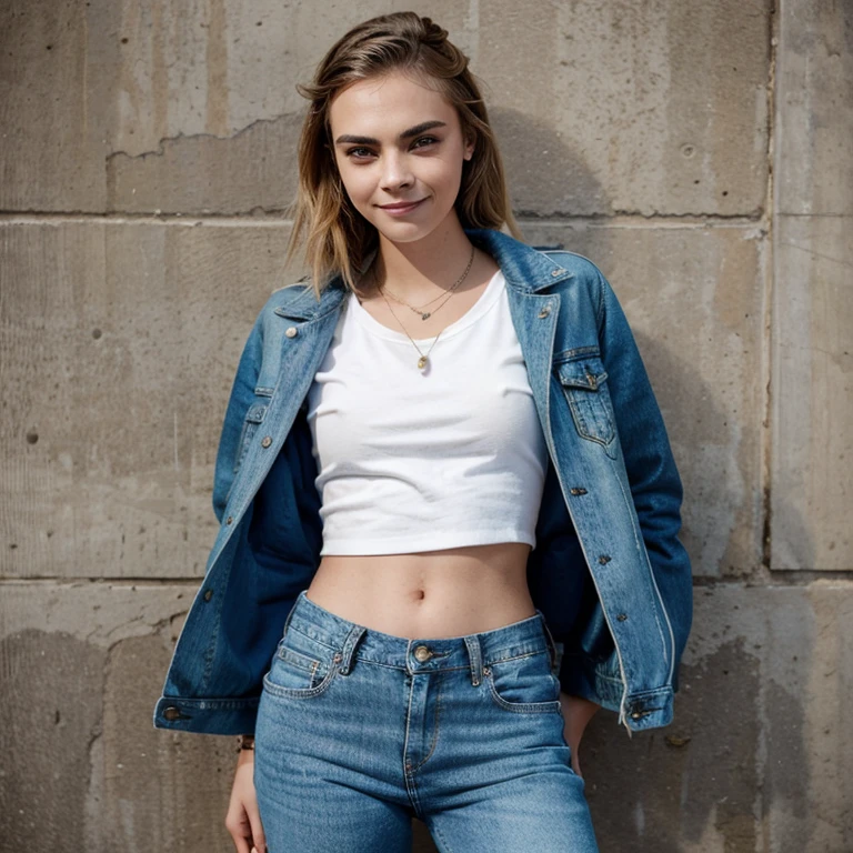 Cara Delevingne dressed in jacket and tight jeans and smiling
