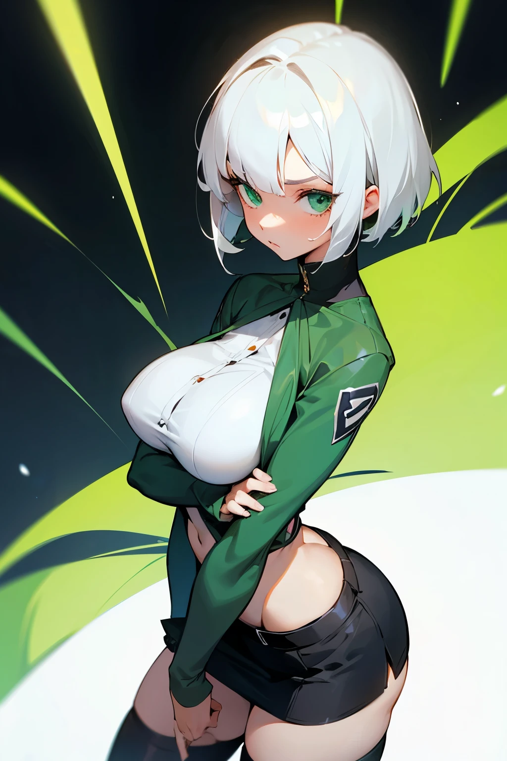 Girl, short white hair, beautiful green eyes, big breasts, short skirt, 👀🤯