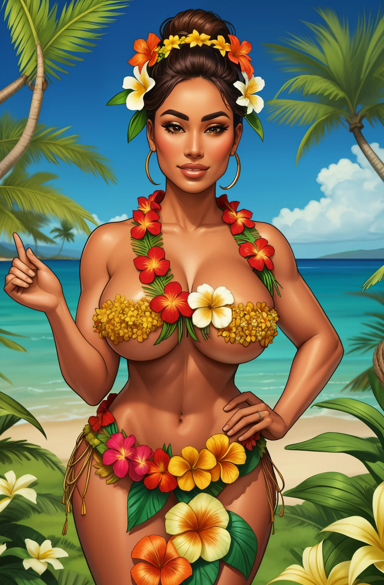 Hawaiian woman wearing a garland of flowers, girl wearing a lei, grass skirt, topless