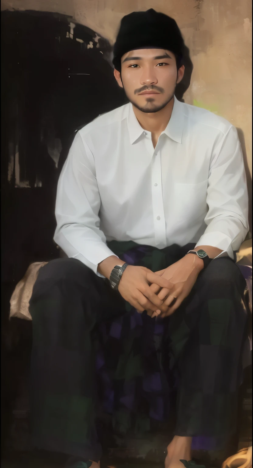 30 year old man wearing a black cap, white shirt and green, black and purple checkered sarong with realistic original details