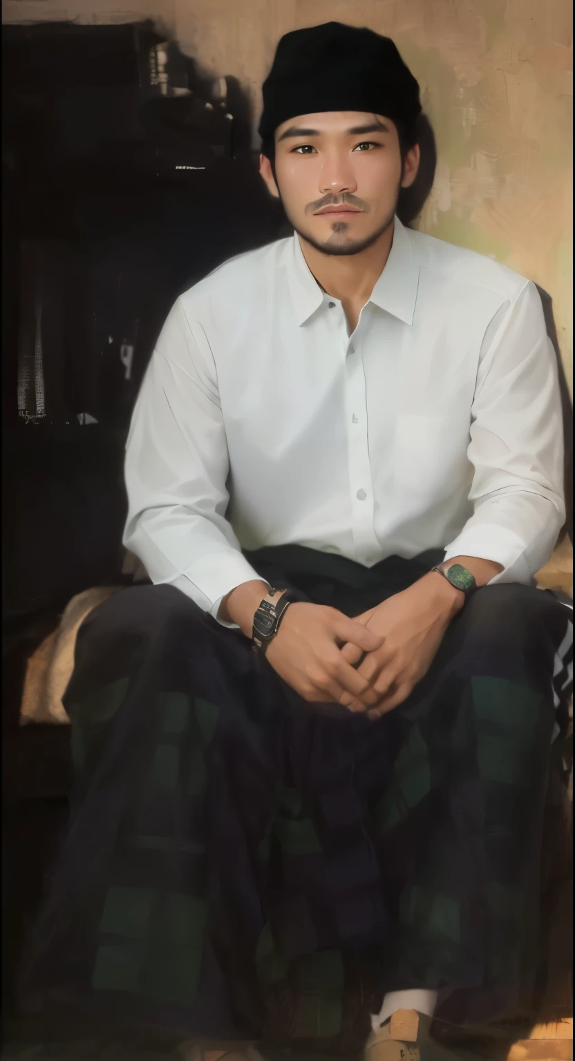 30 year old man wearing a black cap, white shirt and green, black and purple checkered sarong with realistic original details