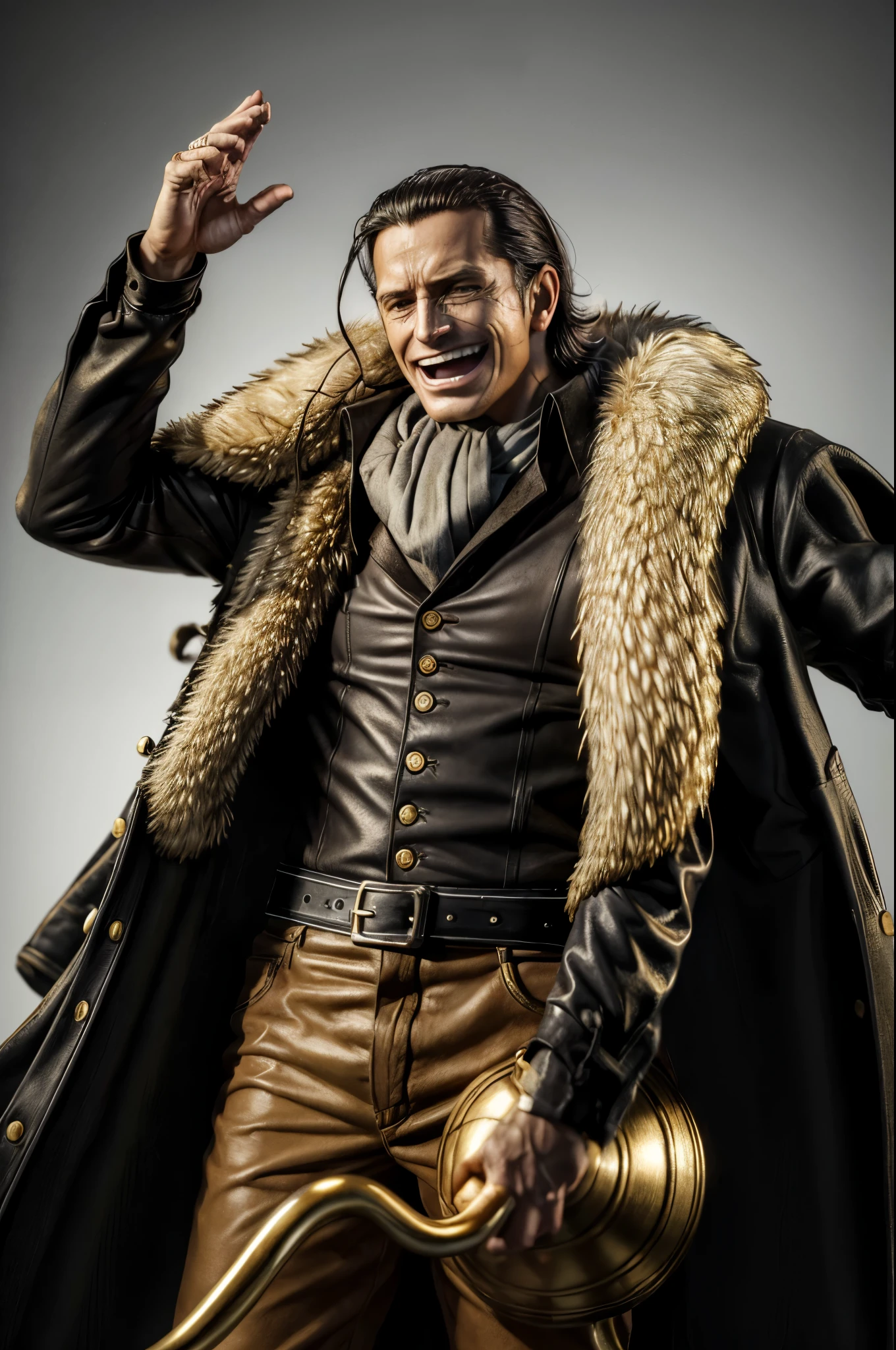 masterpiece, best quality, extremely detailed, hyperrealistic, photorealistic, a cool 40s man, ultra detailed face:1.2, fur-trimmed coat, scarf around the neck, his left hand is a golden pirate hook, raising hands, claw pose:1.2, laughing, white background
