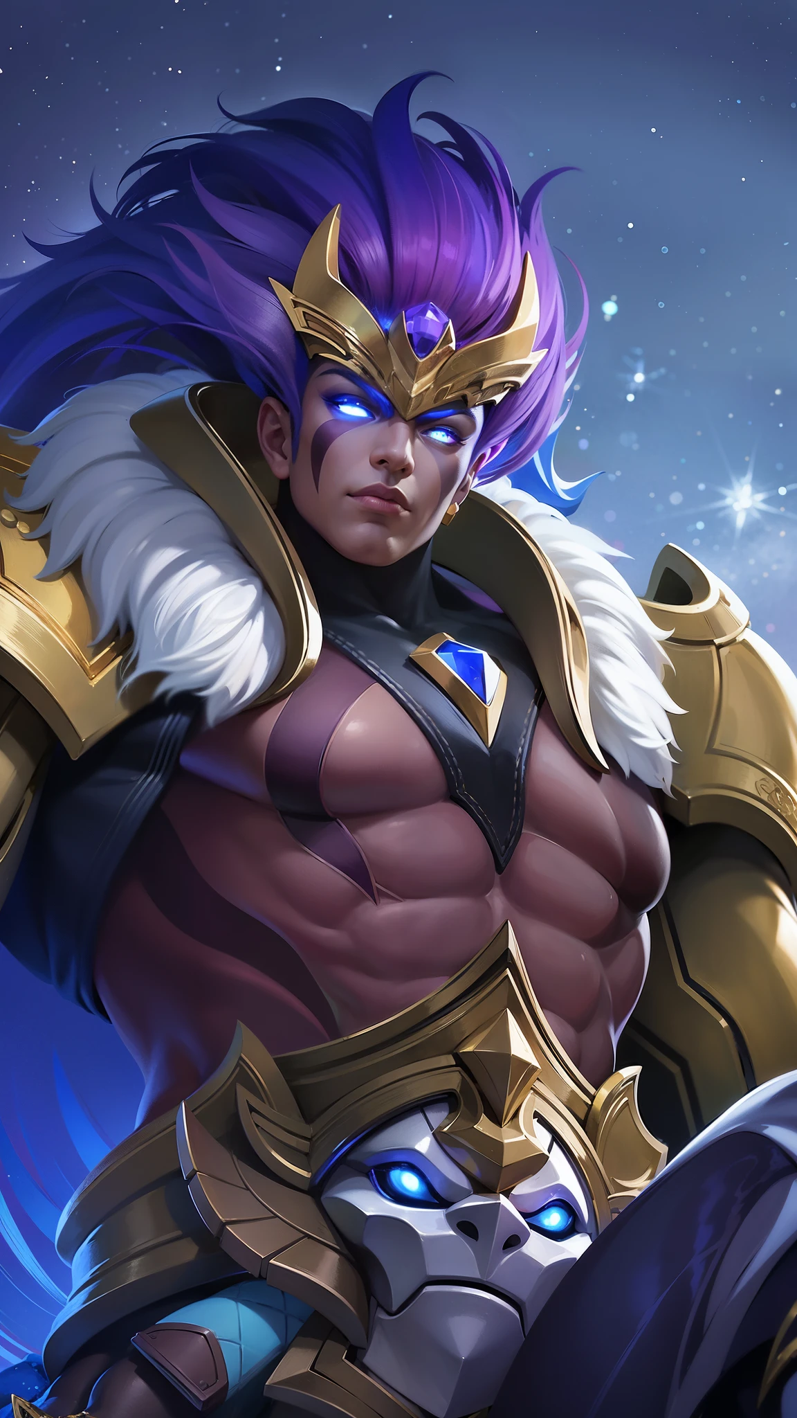 arafed image of a guy with a purple hair and a gold outfit, Best quality, masterpiece, detailed skin texture, detailed clothes texture, detailed face, super detailed, 8k, intricate detail, The color doesn't change, Muscle guy, 1 male, angry, shining blue eyes.