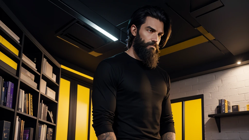 a city with illuminated buildings,
a man next to a long window, with short, dark hair combed back, a sparse beard, wearing a plain, basic black shirt with some LEDs on the shirt, in a room with yellow and purple LEDs on the ceiling, in the background a wall with shelves futuristic gray walls with books and miniature spaceships, the background wall is white with black details,