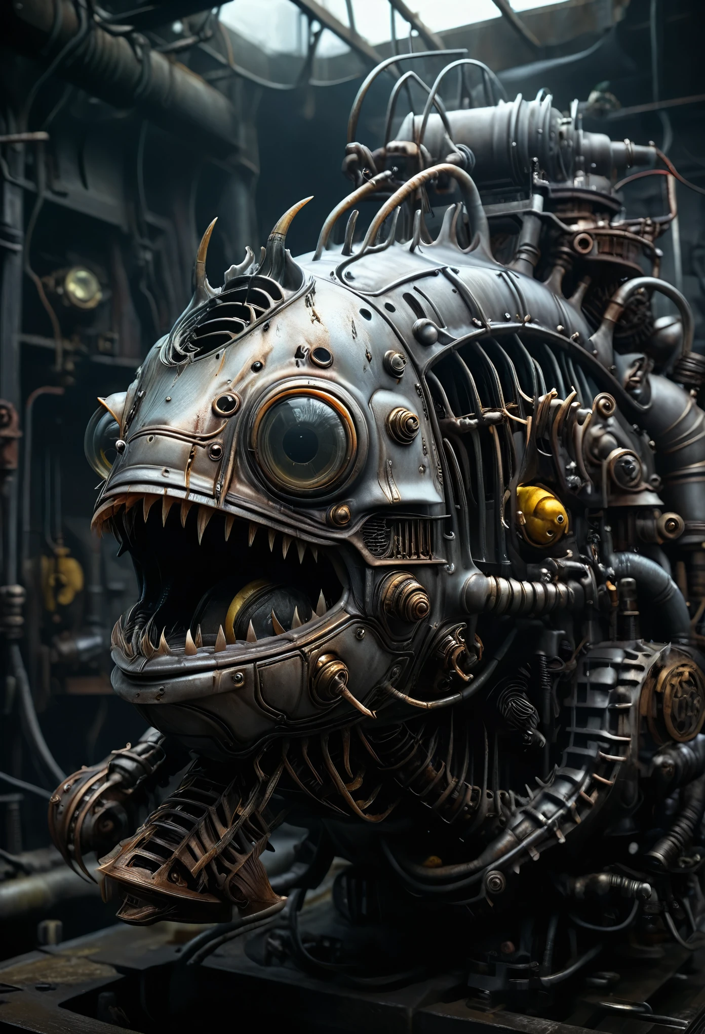 mechanical, anglerfish, 8k photorealistic, cinematic lighting, HD, high details, dramatic, dark atmosphere, great light, perfect composition, vibrant, lush, glossy, elegant, unreal engine, inspired by HR Giger, half body portrait, highly detailed, photo realistic, cinematic, movie still, captured in the style of Sony Alpha A7 III camera