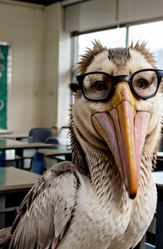 a pelican wearing glasses in a classroom