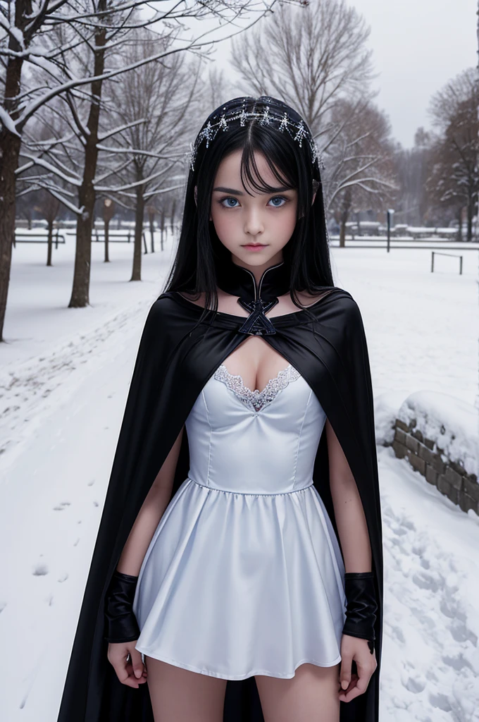 TeEn girl, evil, teenager(1.3),************, teen girl, very small breats, black hair and blue eyes, detailed face, angelical face,cleavage, small breasts, dress with cape, desing with christian cross ,background in snow in prussia