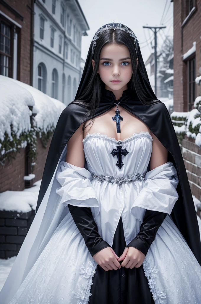 TeEn girl, evil, teenager(1.3),13 years old, teen girl, very small breats, black hair and blue eyes, detailed face, angelical face,cleavage, small breasts, dress with cape, desing with christian cross ,background in snow in prussia
