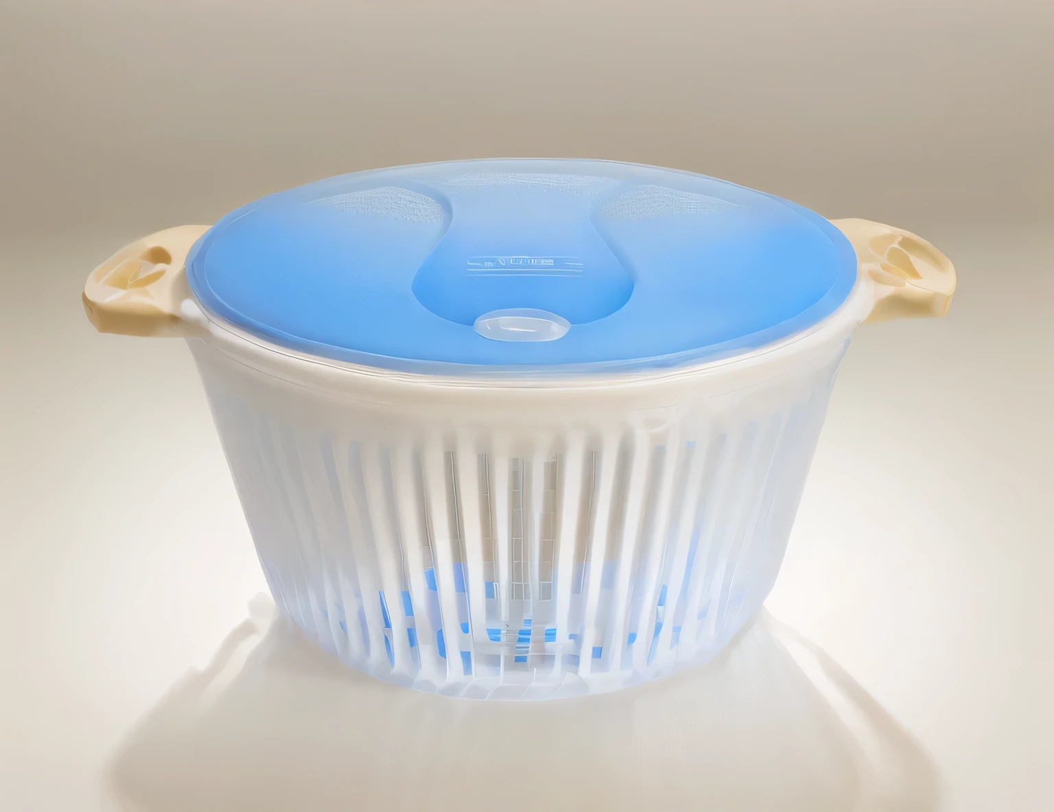 Plastic bowl, Silicone Case,Blue cover， Bottom Angle, Full length view. White plastic,Translucent lid，With air vent，Match the background，