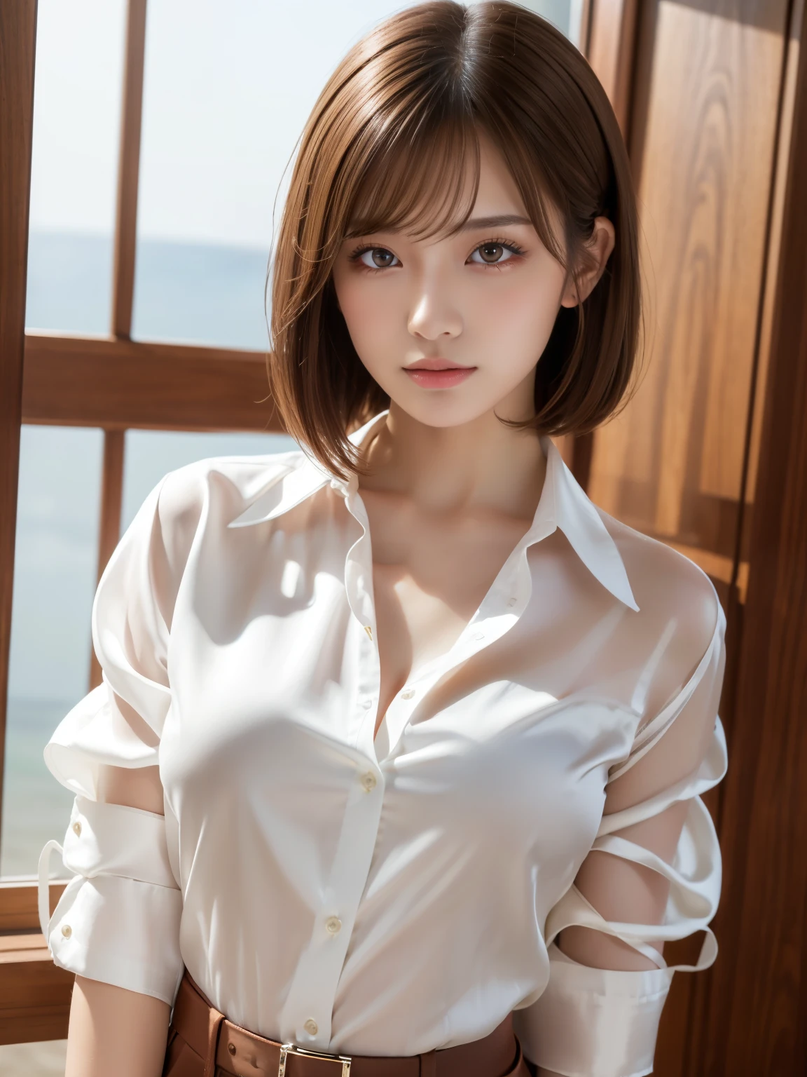 Ultra High Definition, Superior Quality, Premier Quality, ultra detailed, Photorealistic, 8k, RAW Photos, highest quality, masterpiece, Attractive Young girl, Angelic girl, Brown Hair, Short Hair, Mesh Hair, glossy lips, natural makeup, Japanese Idol, Sophisticated, Stylish, model posing, satin silk white shirt, 