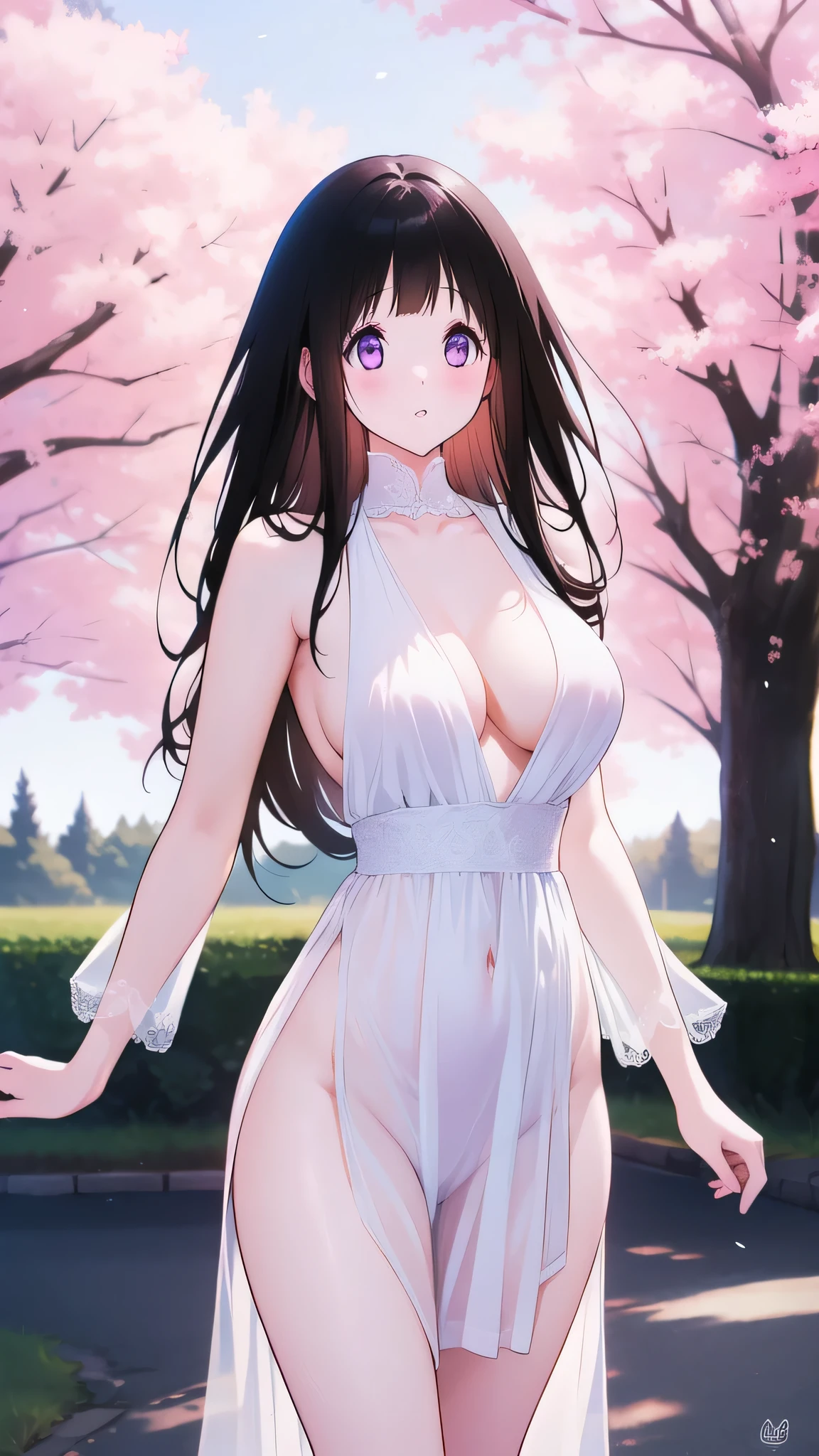 Amazing Chitanda, There is only one beautiful girl,Purple Eyes, Black Hair, Very red face,Very white skin,Glowing skin,Skin as delicate as porcelain,Naturally straight hair, Straight bangs,Extremely refined,Open lips,Long flowing hair,Beautiful Girl, Like a dream,Slim,Slim waist,Soft, (Sensual), (Kawaii), Dream quality,Beautiful big breasts,Areola,Completely naked,Standing on the side,Wearing a transparent wedding dress,Deep V neckline,Loose neckline,Wide neckline,in the park,Light transmission,Under the cherry trees,no pants,pussy juice,Bare shoulders,Bare neck,Exposed collarbone,Exposing breasts,Exposing breasts side,Show your waist,Show your buttocks,Show your thighs,Exposing the groin,No pants,extremely shy,Ultra-high resolution, (masterpiece:1.2, best quality), (Delicate and beautiful eyes: 1.2), (Beautiful and delicate face)