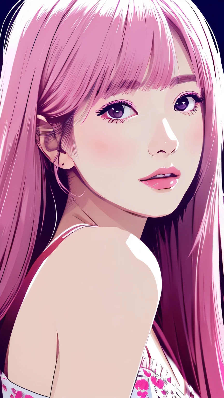 Illustration style、Showa Anime、Woman looking this way、Japanese、 (highest quality, Ultra-detailed, Portraiture, Natural light)、Stylish、Dark pink hair