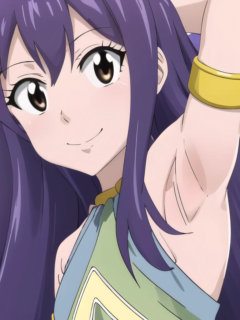 masterpiece, best quality, highres, aawendy, wendy marvell, long hair, bare shoulders, green dress, sleeveless dress, armlet, bracelet, looking at viewer, solo, contrapposto, (armpit into viewer's face:1.5), armpit, arm up, presenting armpit, armpit focus, armpit close-up, armpit fetish, spread armpit, arms behind head, smile, looking at viewer, upper body, closed mouth,