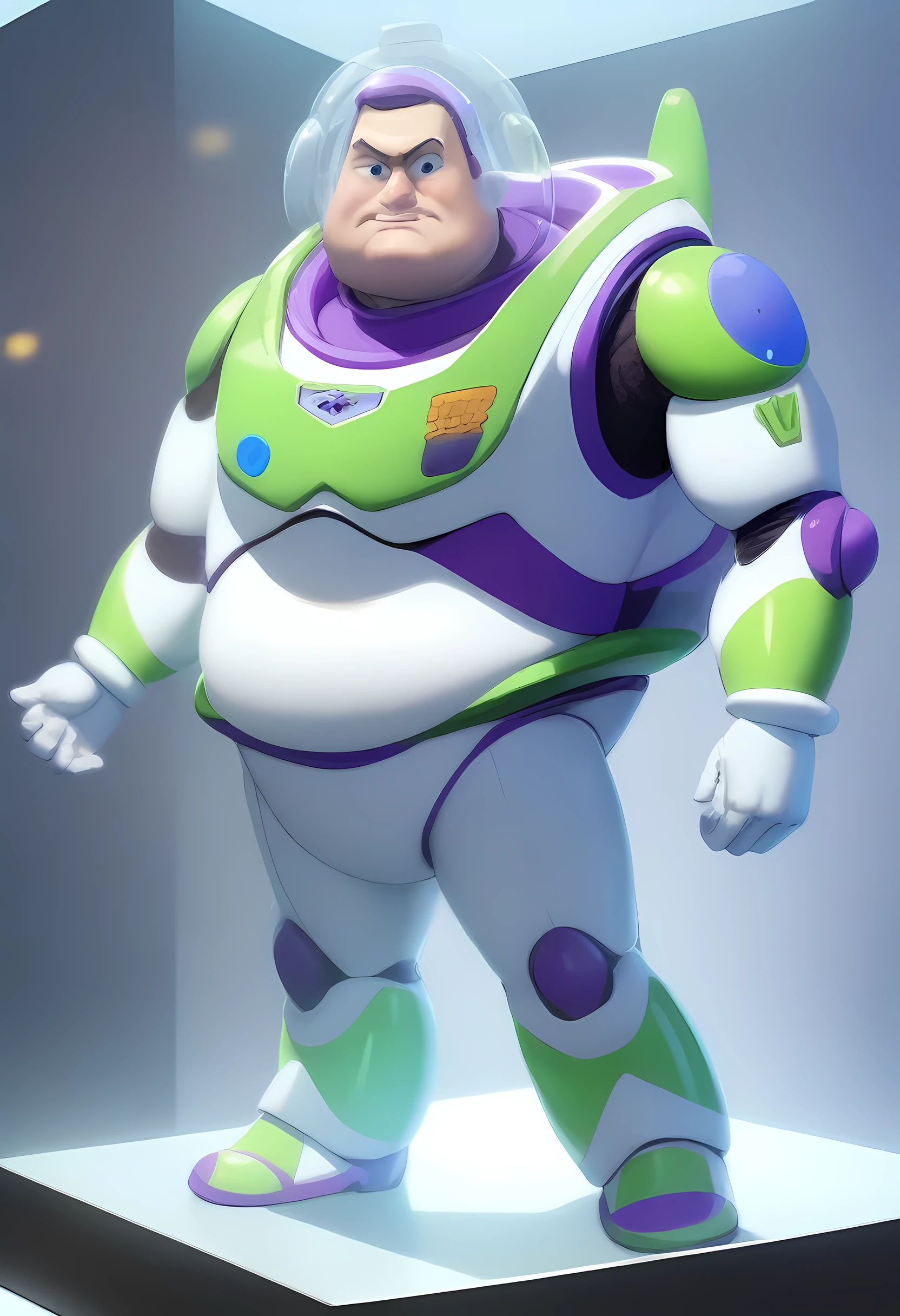 1boy, male focus, buzz lightyear, toy story, full body shot, large glass helmet, in the showcase, masterpiece, best quality, very aesthetic, absurdres, (fatty:1.4)