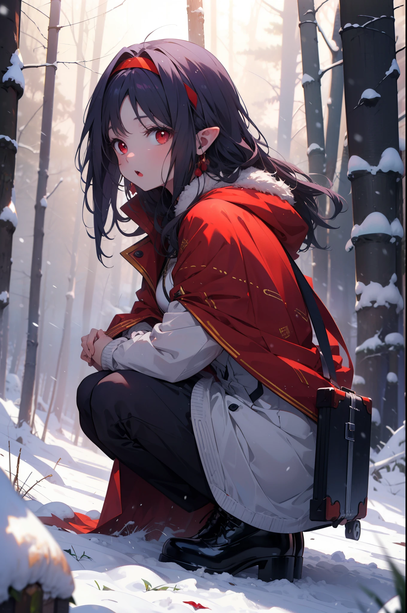yuukikonno, Yuki Konno, hair band, Long Hair, Pointed Ears, Purple Hair, (Red eyes:1.5), (Small breasts:1.2), Open your mouth,snow, Bonfire , Outdoor, boots, snowing, From the side, wood, suitcase, Cape, Blurred, forest,nature, Squat, Mouth closed, 食べ物ed Cape, winter, Written boundary depth, Black shoes, red Cape
break looking at viewer, Upper Body, whole body,
break Outdoor, forest, nature,
break (masterpiece:1.2), highest quality, High resolution, unity 8k wallpaper, (shape:0.8), (Beautiful and beautiful eyes:1.6), Highly detailed face, Perfect lighting, Extremely detailed CG, (Perfect hands, Perfect Anatomy),