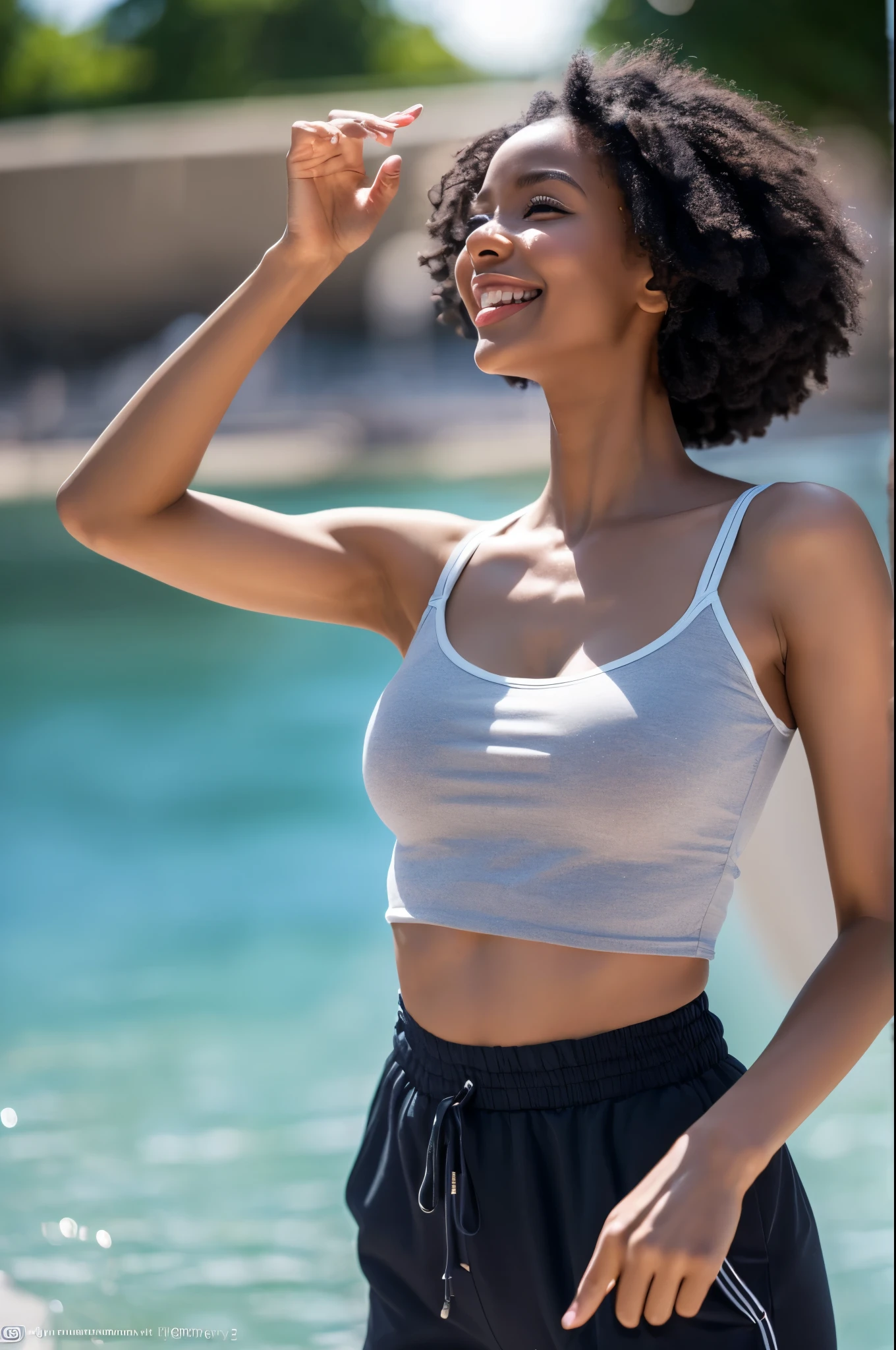 8K,Afro hair with black hair,Pretty black American woman,Super Beauty(Like the real thing),Colorful summer clothes,Shorts,Big smile,Lakeside,Perfect Anatomy,charm,Volume measurement,Body balance,Digital single-lens reflex camera, Soft lighting, Detailed Background, Written boundary depth, Volumetric lighting, Sharp focus, Absurd, Realistic proportions, Excellent anatomy, (Realistic, 超Realistic:1.4), 16K HDR, dawn,A High Resolution,super Realistic 肌,Super beautiful expression,Fantasy art,Character Art,Wind effects:1.9、Cloud Effect:1.2、Full Rendering、Professional quality high resolution、Perfect contrast、Perfect lighting、Perfect composition、Perfect Skin、Perfect Fingers、Perfect breasts、Perfect Hair、Perfect Face、Realistic facial features,super highest quality,Slim figure,Perfect body line,Perfect hand shape,Anatomical body balance,Highly detailed face,Highly detailed eyes,Beautiful Lips,Excellent light particles,Cinema Lighting,Makeup,Ultra-high resolution,Ultra-Realistic Skin,Dynamic pose,Blue Eyes,Dark skinned black woman,Playing happily,