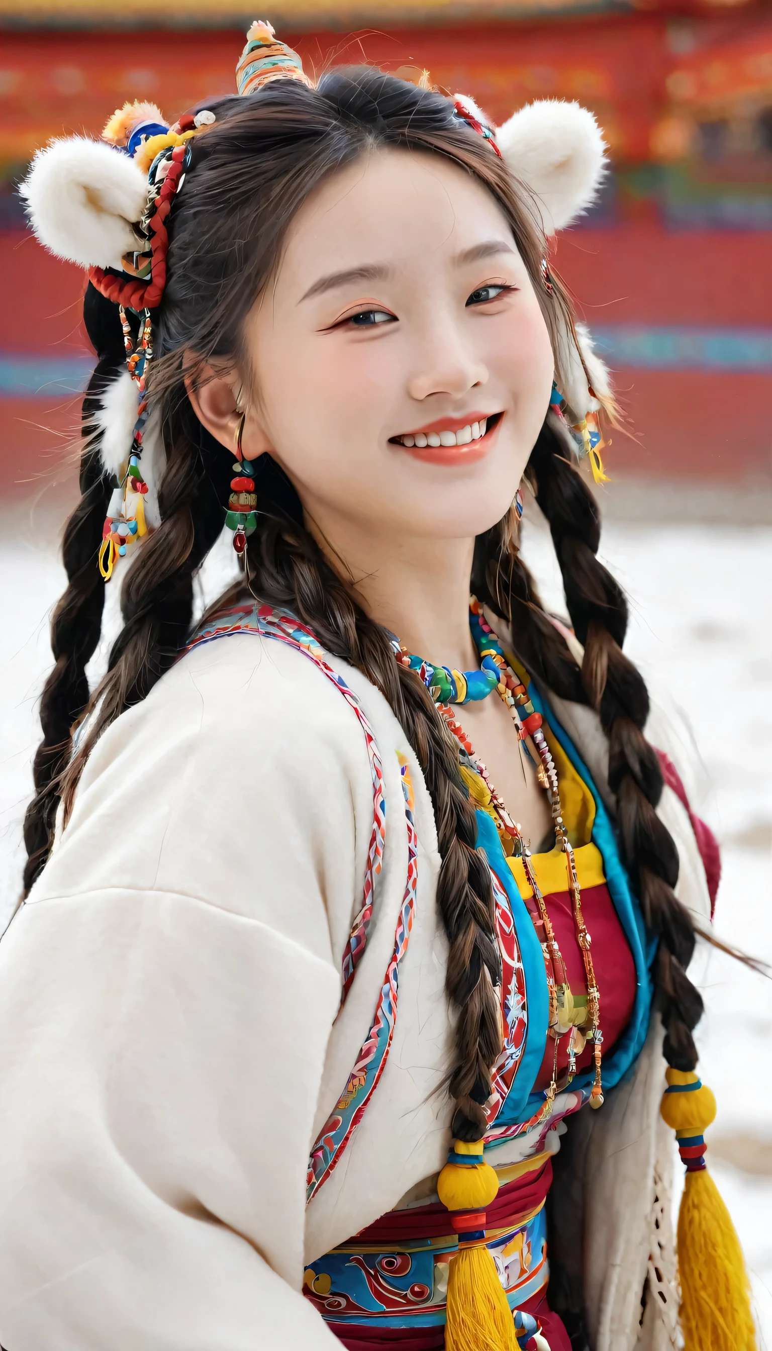A girl, Long braids, Tibetan girl, close up, Raise your head slightly, Smile, Half-length photo, Upper Body, Appearance Yang Chaoyue, Gorgeous Tibetan costumes, Thick necklace, Cumbersome Tibetan headdress, Fluff on clothes, White Animal Flu, Live-action CG, Sweet style, style, HD 8K