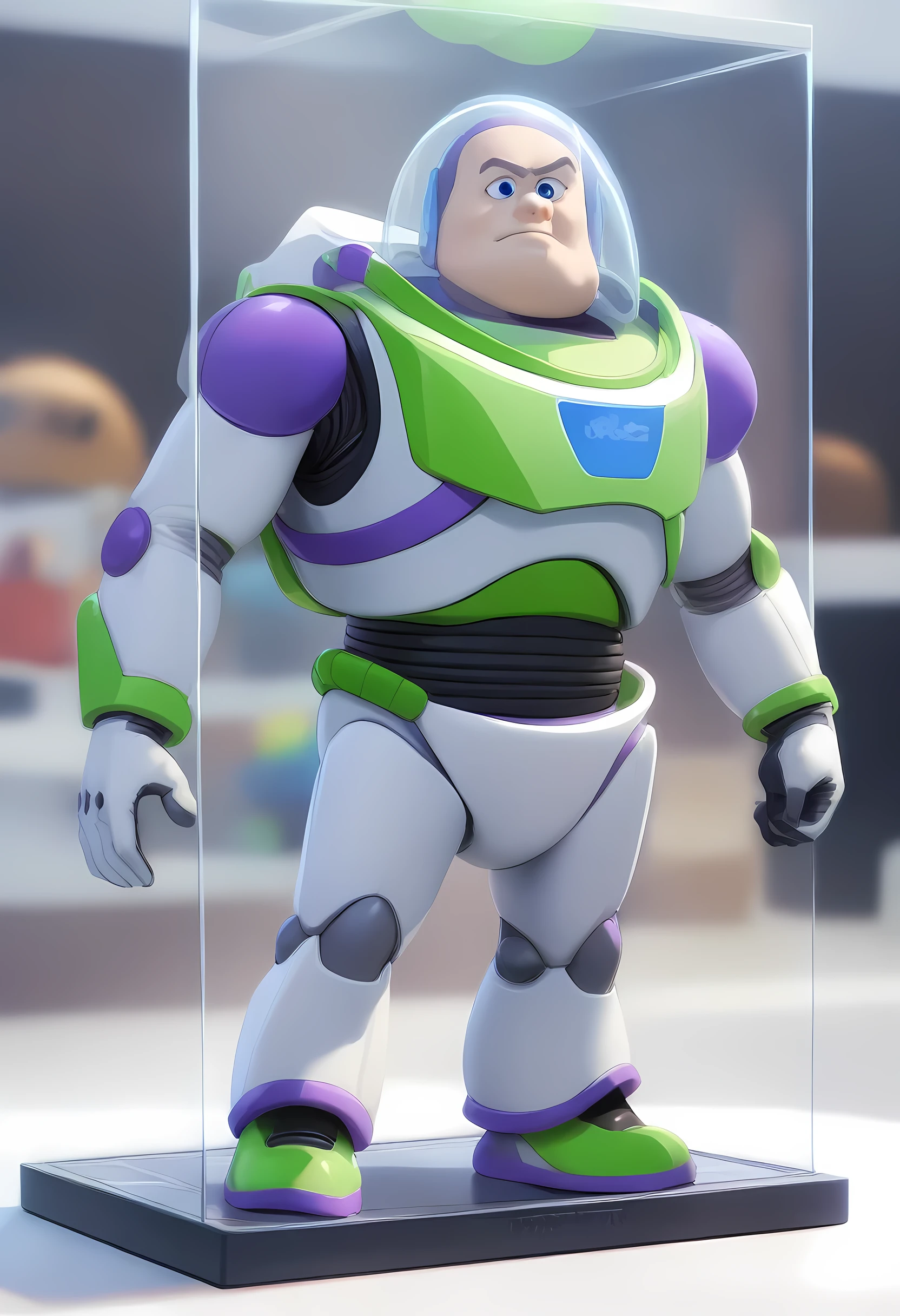 1boy, male focus, buzz lightyear, toy story, full body shot, large glass helmet, in the showcase, masterpiece, best quality, very aesthetic, absurdres, fatty