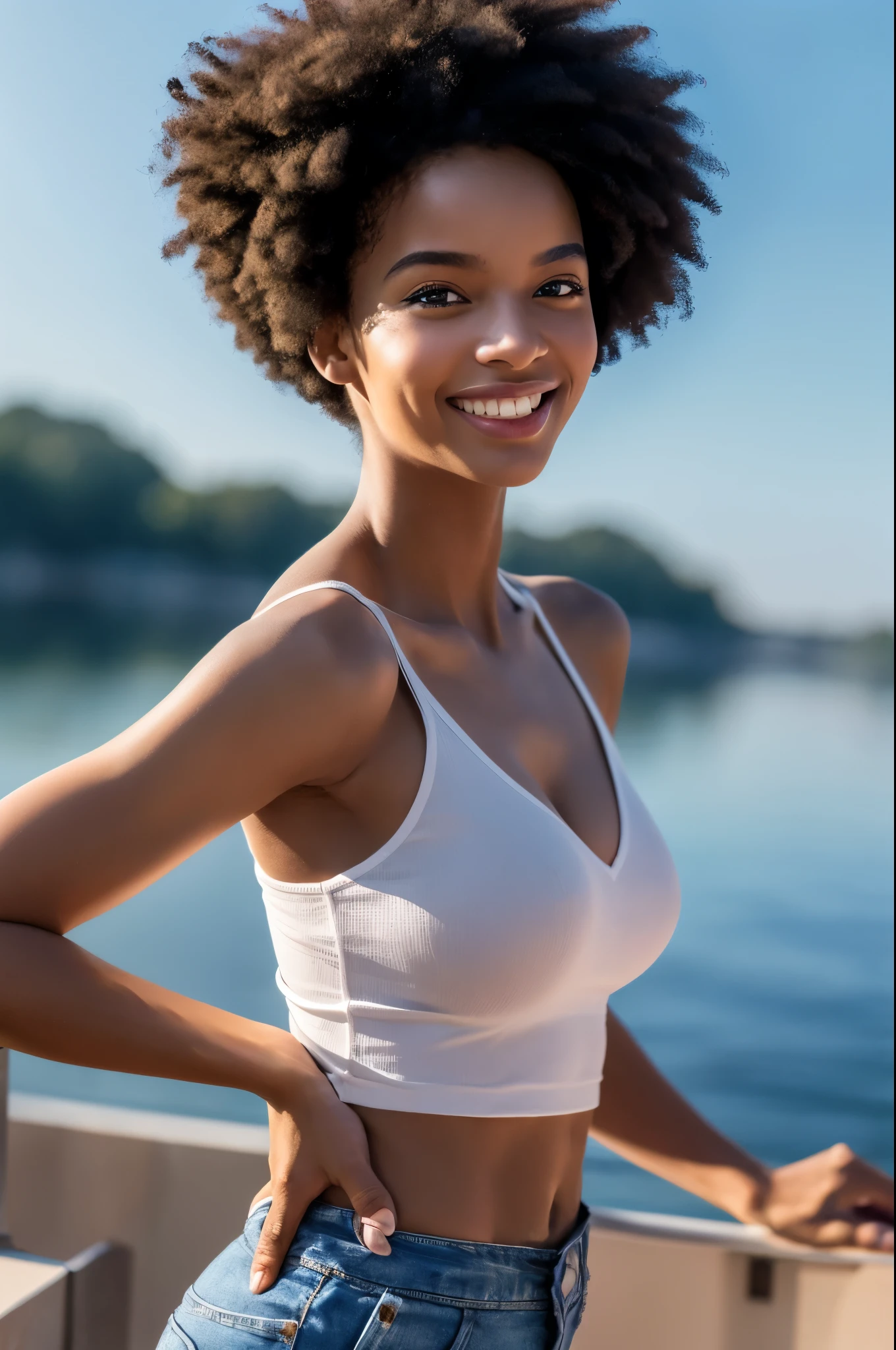 8K,Afro hair with black hair,Pretty black American woman,Super Beauty(Like the real thing),Colorful summer clothes,Shorts,Big smile,Lakeside,Perfect Anatomy,charm,Volume measurement,Body balance,Digital single-lens reflex camera, Soft lighting, Detailed Background, Written boundary depth, Volumetric lighting, Sharp focus, Absurd, Realistic proportions, Excellent anatomy, (Realistic, 超Realistic:1.4), 16K HDR, dawn,A High Resolution,super Realistic 肌,Super beautiful expression,Fantasy art,Character Art,Wind effects:1.9、Cloud Effect:1.2、Full Rendering、Professional quality high resolution、Perfect contrast、Perfect lighting、Perfect composition、Perfect Skin、Perfect Fingers、Perfect breasts、Perfect Hair、Perfect Face、Realistic facial features,super highest quality,Slim figure,Perfect body line,Perfect hand shape,Anatomical body balance,Highly detailed face,Highly detailed eyes,Beautiful Lips,Excellent light particles,Cinema Lighting,Makeup,Ultra-high resolution,Ultra-Realistic Skin,Dynamic pose,Blue Eyes,Dark skinned black woman,Playing happily,