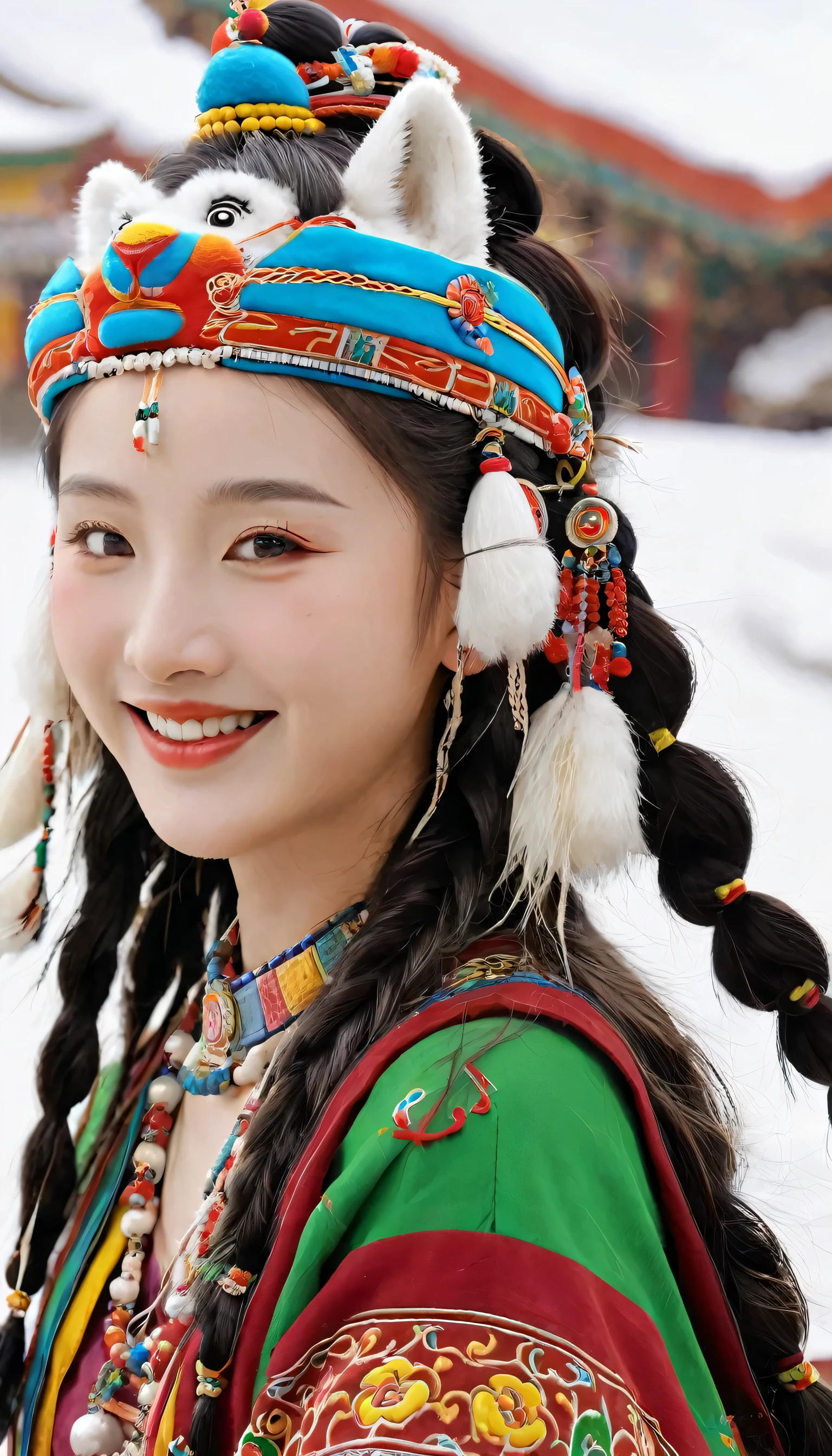 A girl, Long braids, Tibetan girl, close up, Raise your head slightly, Smile, Half-length photo, Upper Body, Appearance Yang Chaoyue, Gorgeous Tibetan costumes, Thick necklace, Cumbersome Tibetan headdress, Fluff on clothes, White Animal Flu, Live-action CG, Sweet style, style, HD 8K