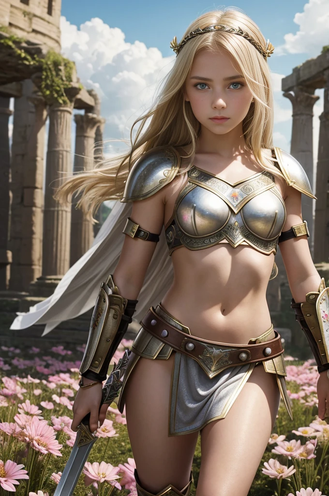 teen girl, roman warrior, princess blade , 14 years old, teenager girl, small breasts, mini cropped, valkyrian princess ,blonde, detailed face, beautiful, confiant, background in uk land with flowers