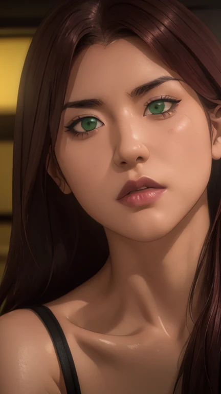 Masterpiece, Artgerm (Stanley Lau) style, gothic aesthetic, best quality, ultra realistic, 16k, crazy resolution, UHD, ultra-detailed, detailed eyes, detailed skin, detailed hair, detailed face, detailed fabric, detailed texture, ( 1 beautiful young woman, alone: 1.1),tall, Sakuragi Otome | Otome Dori, long red hair, gothic beauty, vibrant green eyes, tanned (yellow) skin, portrait, rocker clothes, High detail RAW color art, (detailed skin texture), (Muscle) detail, sharp focus, dramatic and photorealistic painting art of midjourney, natural breasts, (sideboob:1.2), jewelry, (realistic eyes), cowboy shot, V-shaped real eyes, ((hourglass shape)), hot naked, ( Blurred in vibrant cinematic light), atmosphere warm, Show all, ultra-detailed, fine details, nude, sexy waist, (proportional) big hips, thick thighs, tall, sexy, Natural Color Lip, face with expression of pleasure and tiredness, different sensual poses in different angles, dark room gothic with cinematic lights (blurred background)、20 years old、dream atmosphere 