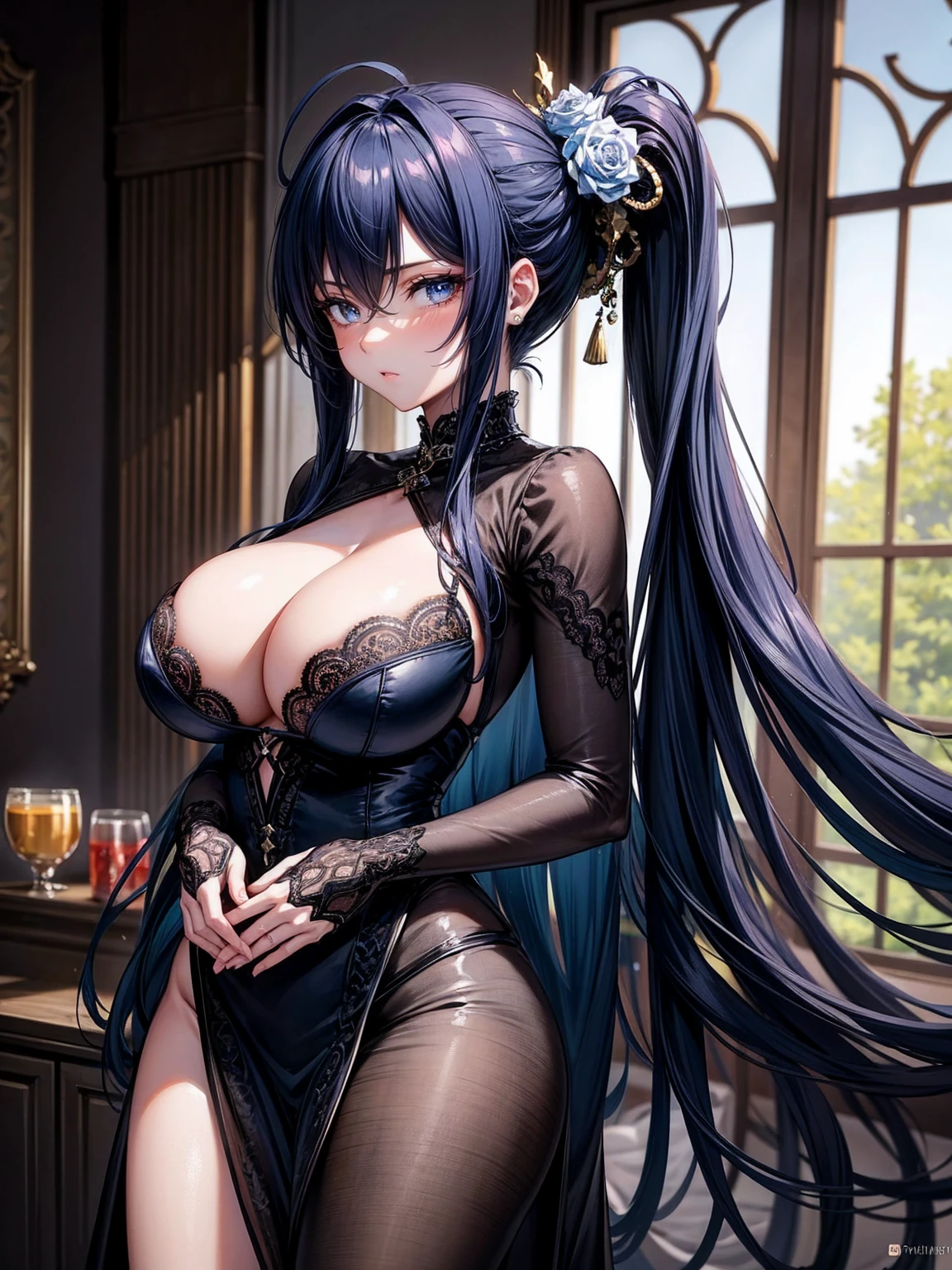 (masterpiece), best quality, highly detailed faces, (SHARP details), 4k, highly detailed, expressive eyes, SHARP detail expressive eyes, (SHARP detail perfect face), long hair, 20 year old woman, standing, courtesan dress, dark-blue hair, indoors, clothed, big breasts, mature, voluptuous, taimanin asagi, modern brothel, prostitute,