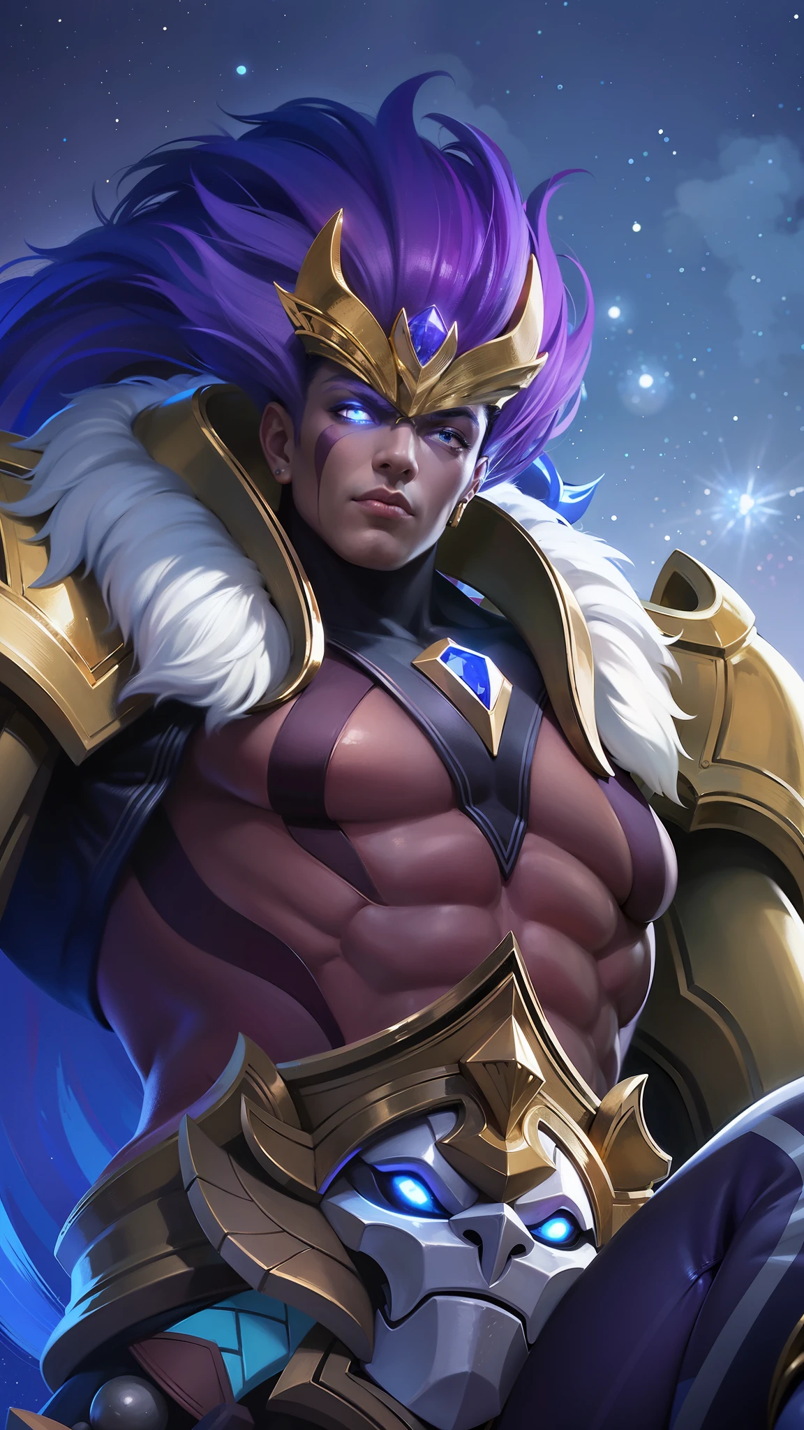 arafed image of a male with a purple hair and a gold outfit, Best quality, masterpiece, detailed skin texture, detailed clothes texture, detailed face, super detailed, 8k, intricate detail, The color doesn't change, Muscle guy, 1 male, angry, shining blue eyes, lights eyes.