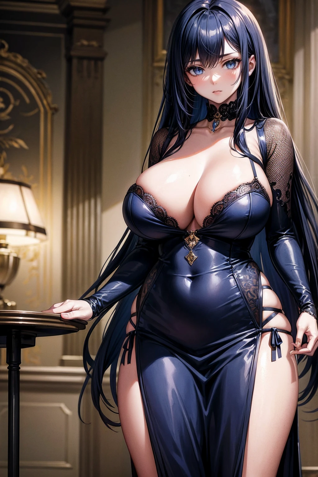 (masterpiece), best quality, highly detailed faces, (SHARP details), 4k, highly detailed, expressive eyes, SHARP detail expressive eyes, (SHARP detail perfect face), long hair, 20 year old woman, standing, courtesan dress, dark-blue hair, indoors, clothed, big breasts, mature, voluptuous, taimanin asagi, modern brothel, prostitute,