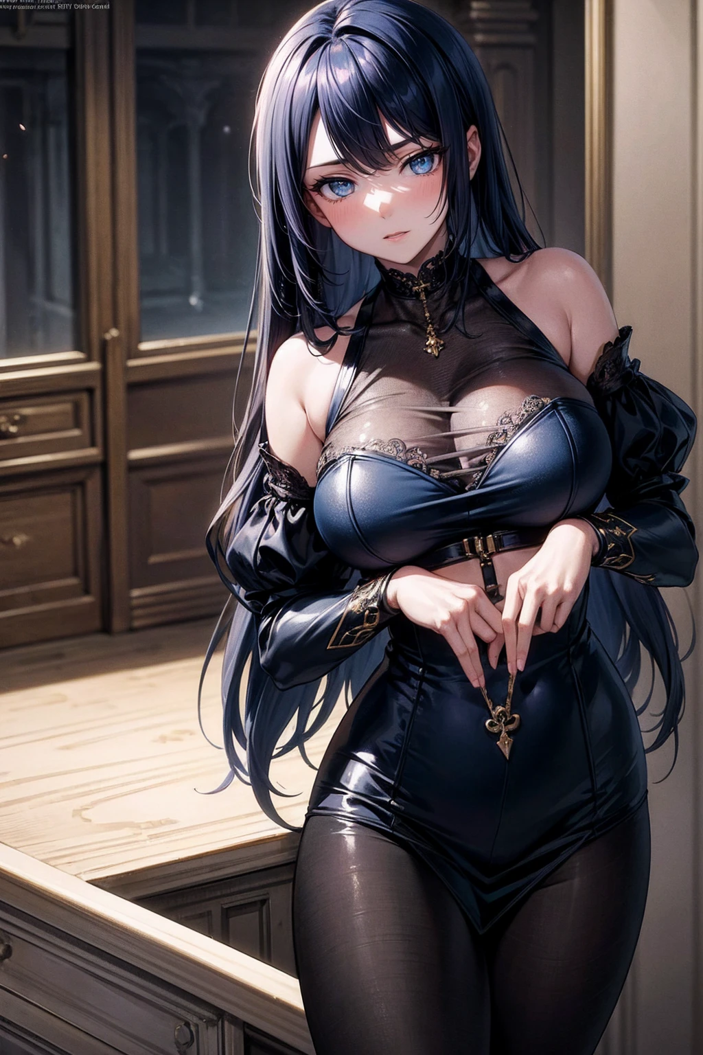 (masterpiece), best quality, highly detailed faces, (SHARP details), 4k, highly detailed, expressive eyes, SHARP detail expressive eyes, (SHARP detail perfect face), long hair, 20 year old woman, standing, courtesan dress, dark-blue hair, indoors, clothed, big breasts, mature, voluptuous, taimanin asagi, modern brothel, prostitute,