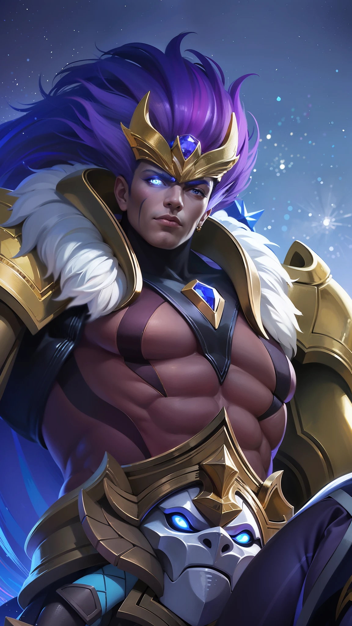 arafed image of a male with a purple hair and a gold outfit, Best quality, masterpiece, detailed skin texture, detailed clothes texture, detailed face, super detailed, 8k, intricate detail, The color doesn't change, Muscle guy, 1 male, angry, shining blue eyes, lights eyes.