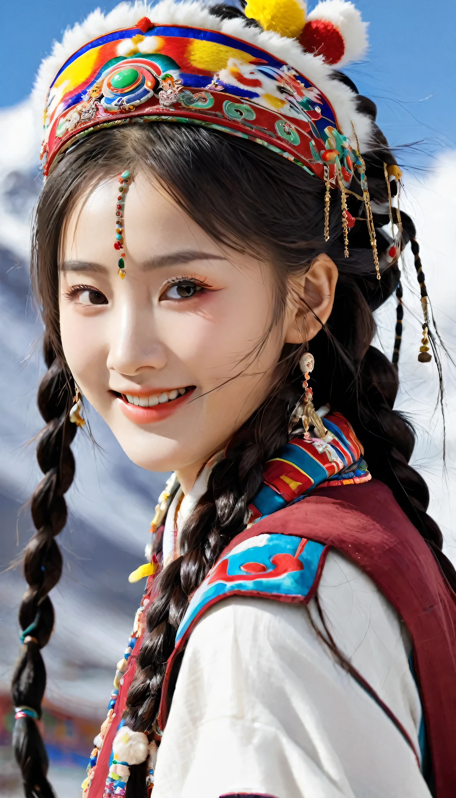 A girl, Long braids,The eyes are naturally beautiful, Tibetan girl, close up, Raise your head slightly, Smile, Half-length photo, Upper Body, Appearance Yang Chaoyue, Gorgeous Tibetan costumes, Thick necklace, Cumbersome Tibetan headdress, Fluff on clothes, White Animal Flu, Live-action CG, Sweet style, style, HD 4k