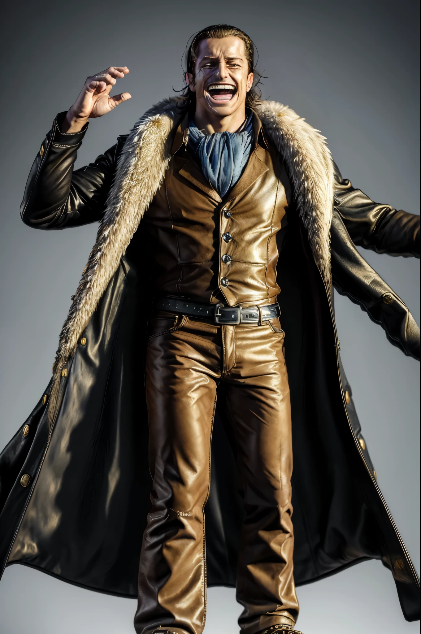 masterpiece, best quality, extremely detailed, hyperrealistic, photorealistic, a cool 40s man, ultra detailed face:1.2, fur-trimmed coat, scarf around the neck, his left hand is a golden pirate hook, raising hands, claw pose:1.2, laughing, white background
