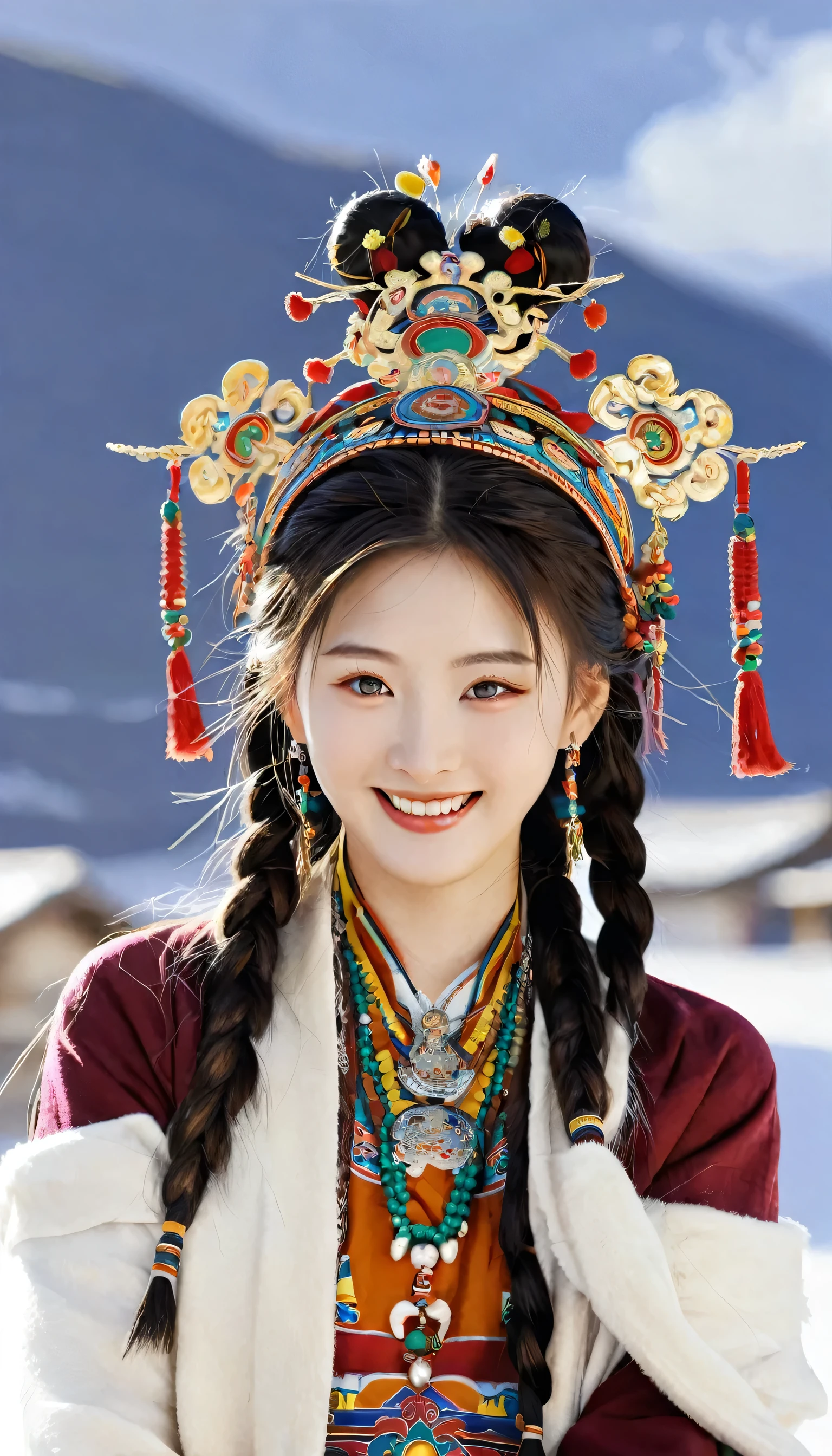 A girl, Long braids,The eyes are naturally beautiful, Tibetan girl, close up, Raise your head slightly, Smile, Half-length photo, Upper Body, Appearance Yang Chaoyue, Gorgeous Tibetan costumes, Thick necklace, Cumbersome Tibetan headdress, Fluff on clothes, White Animal Flu, Live-action CG, Sweet style, style, HD 4k