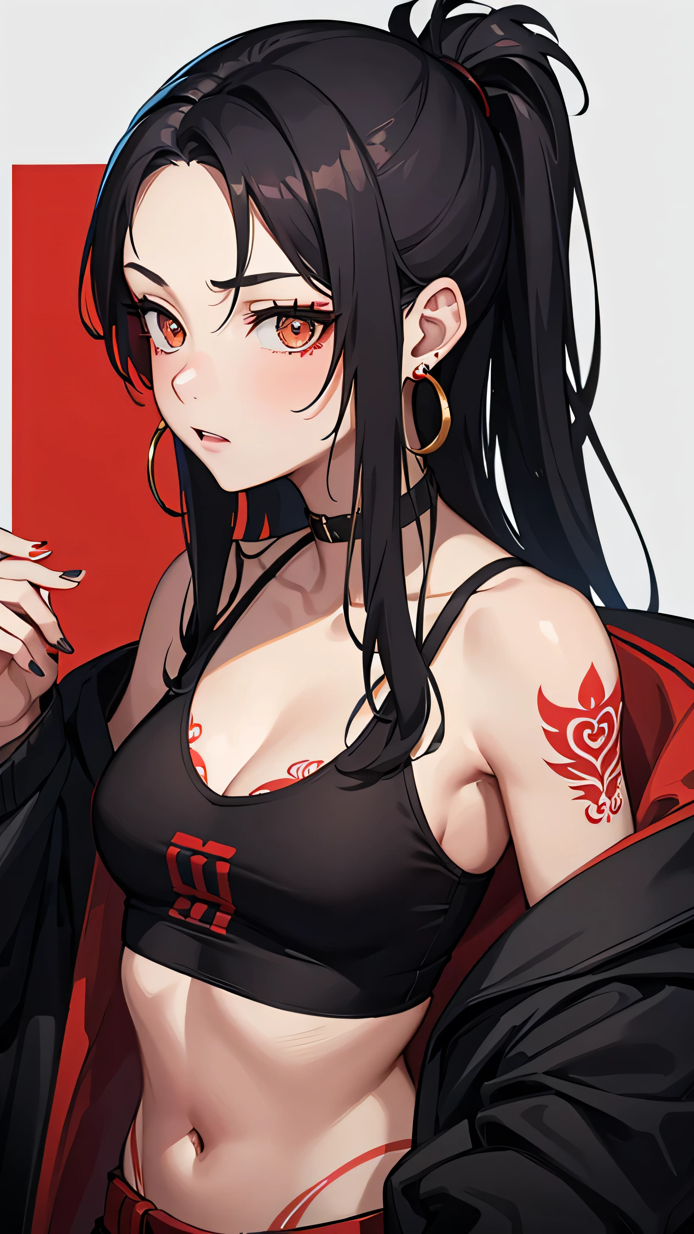Girl named (LAN), 18 years old, high ponytail, red, wear black bra, wear gold earrings, (tattoos), ((portrait) ), 8k