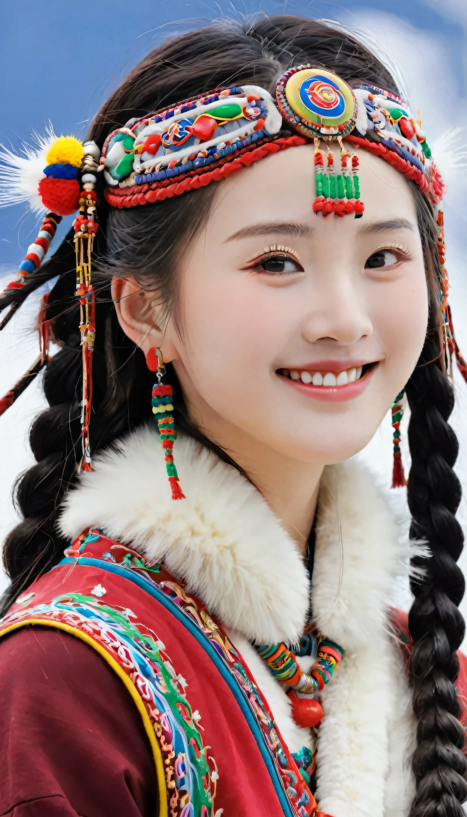 A girl, Long braids,The eyes are naturally beautiful, Tibetan girl, close up, Raise your head slightly, Smile, Half-length photo, Upper Body, Appearance Yang Chaoyue, Gorgeous Tibetan costumes, Thick necklace, Cumbersome Tibetan headdress, Fluff on clothes, White Animal Flu, Live-action CG, Sweet style, style, HD 4k