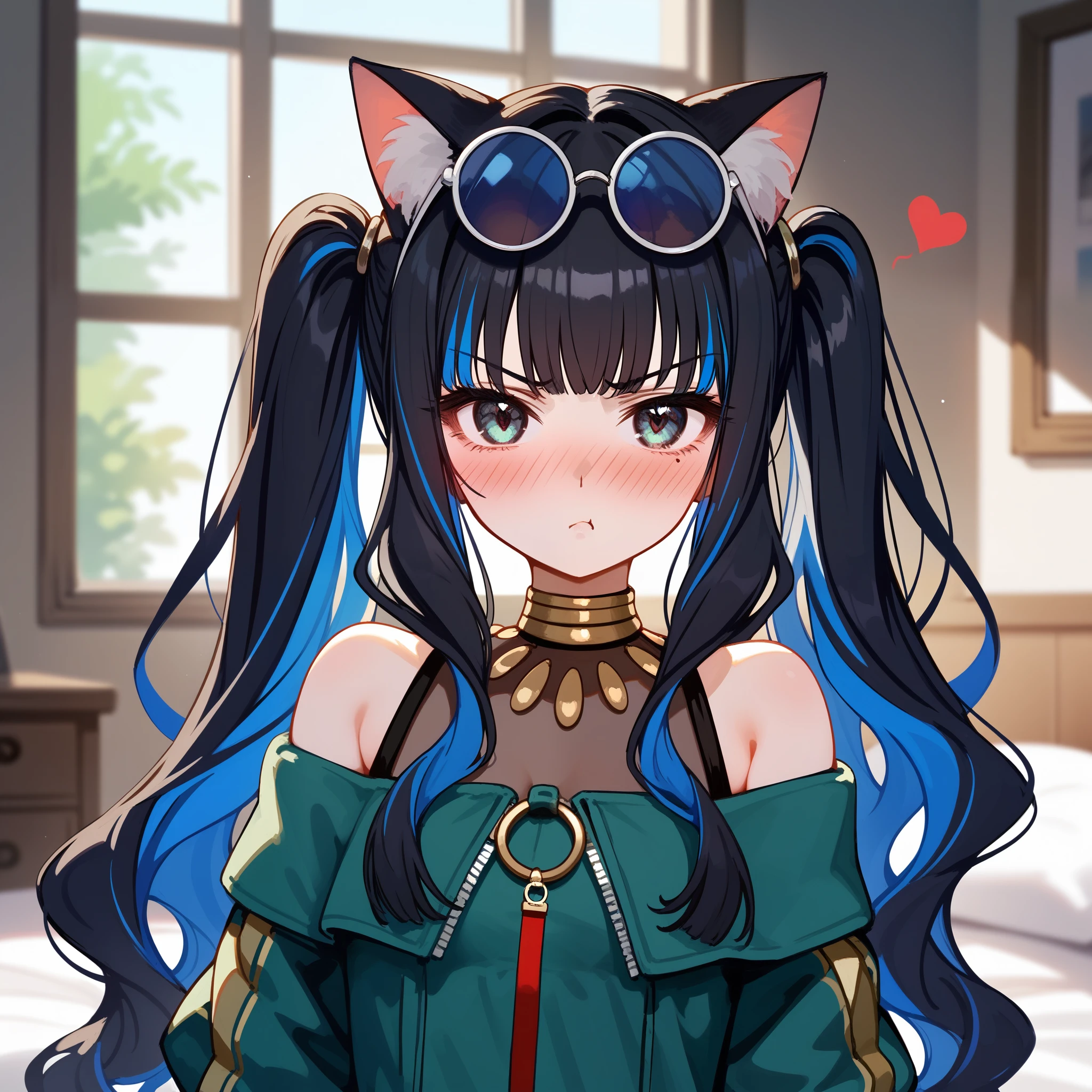 1girl, long hair, (twintails), cat ears, black cat ears, portrait, multicolored hair, black hair, sidelocks, blue hair, wavy hair, eyeliner, jewelry, o-ring, neck ring, buttons, round sunglasses, glasses on head, bracelet, bare shoulders, green jacket, off shoulder, zipper, annoyed, tsundere, looking at viewer, blush, indoors, bedroom, window, sunrays, hearts, masterpiece, score_9, score_8_up, score_7_up