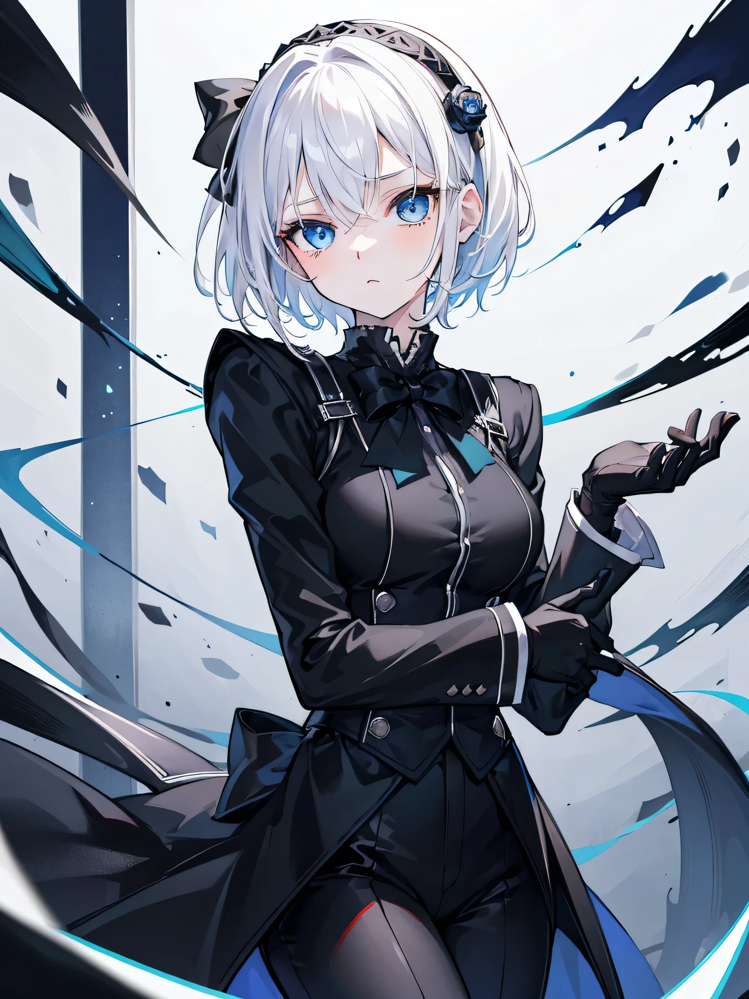 (Best Quality, Masterpiece: 1.1), (Fidelity: 1.4), high res, ultrasharp, 8K, 1 girl, upper body, (short white hair), blue eyes, wearing all black butler uniform, black coat, black gloves, black pants, white shirt, scornful expression, looking at viewer, one hand close to the face