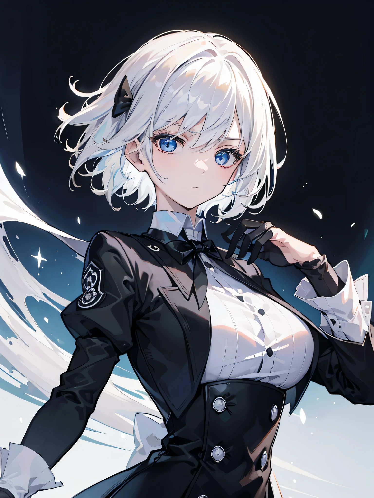 (Best Quality, Masterpiece: 1.1), (Fidelity: 1.4), high res, ultrasharp, 8K, 1 girl, upper body, (short white hair), blue eyes, wearing all black butler uniform, black coat, black gloves, black pants, white shirt, scornful expression, looking at viewer, one hand close to the face