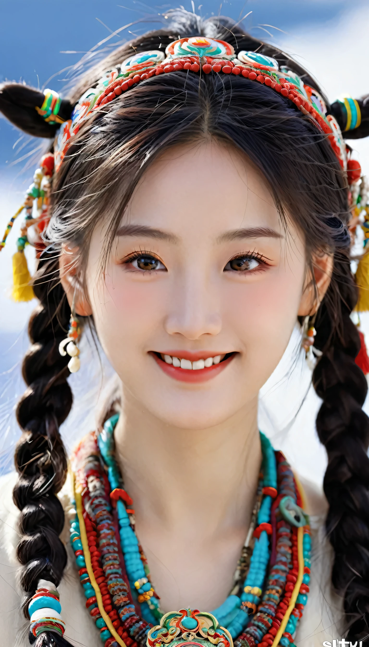 A girl, Long braids,The eyes are naturally beautiful, Tibetan girl, close up, Raise your head slightly, Smile, Half-length photo, Upper Body, Appearance Yang Chaoyue, Gorgeous Tibetan costumes, Thick necklace, Cumbersome Tibetan headdress, Fluff on clothes, White Animal Flu, Live-action CG, Sweet style, style, HD 4k