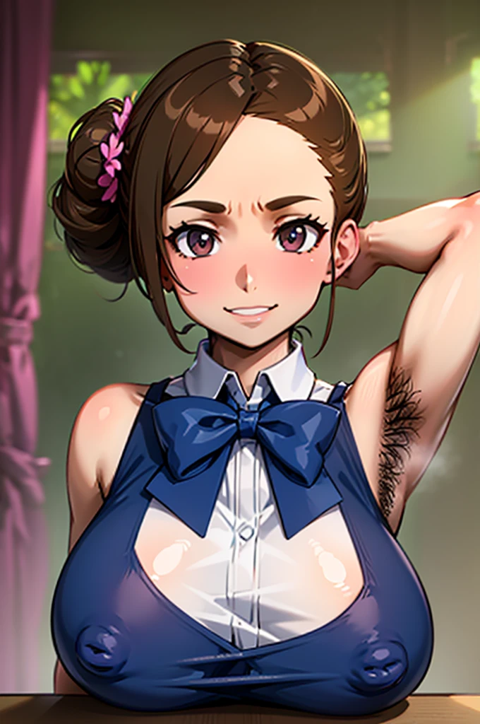 (1milf, solo), sitting, (sleeveless shirt, customer service uniform, bow tie), (dark brown hair), French twist updo, embarrassing big smile, (masterpiece best quality), delicate illustration ultra-detailed, sagging huge breasts, (customer service counter), work desk, detailed background, ((showing hairy armpit hair)), thick makeup, upper body only, pamphlet, in bank, sweating, hand behind head