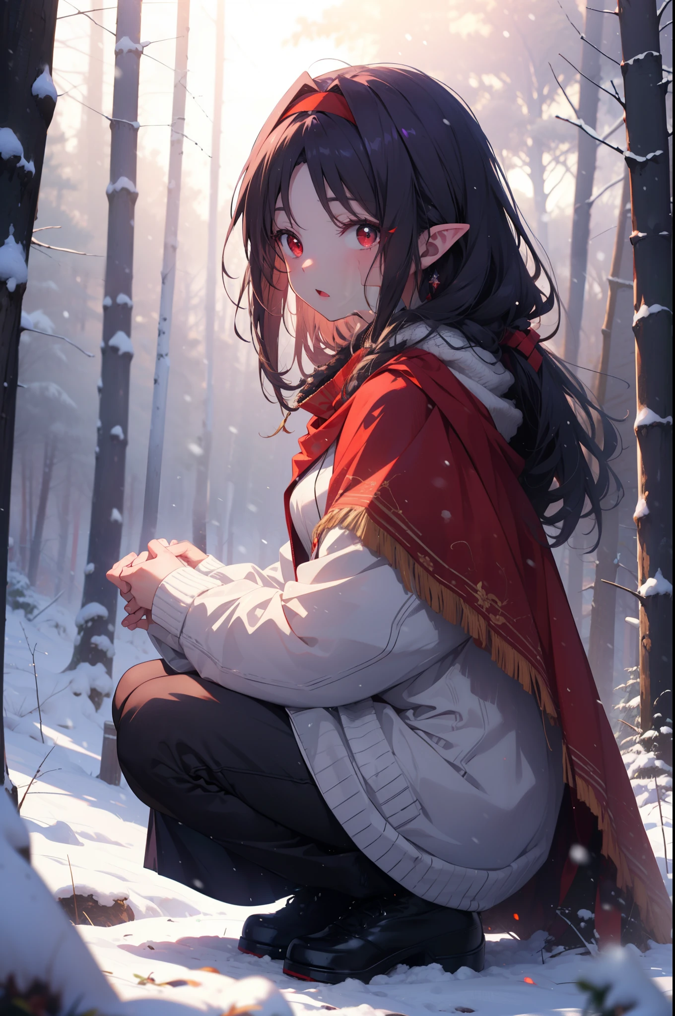 yuukikonno, Yuki Konno, hair band, Long Hair, Pointed Ears, Purple Hair, (Red eyes:1.5), (Small breasts:1.2), Open your mouth,snow, Bonfire , Outdoor, boots, snowing, From the side, wood, suitcase, Cape, Blurred, forest,nature, Squat, Mouth closed, 食べ物ed Cape, winter, Written boundary depth, Black shoes, red Cape
break looking at viewer, Upper Body, whole body,
break Outdoor, forest, nature,
break (masterpiece:1.2), highest quality, High resolution, unity 8k wallpaper, (shape:0.8), (Beautiful and beautiful eyes:1.6), Highly detailed face, Perfect lighting, Extremely detailed CG, (Perfect hands, Perfect Anatomy),