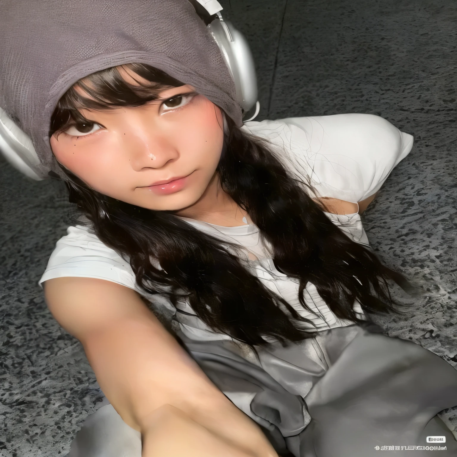 Arafed Asian girl with headphones and a hat sitting on the floor, shiori teshirogi, shikamimi, el corte de hime, sakimichan, chiho, flequillo blanco, deayami kojima, narumi kakinouchi, Suzuki Kiyoko, Yoshitomo Nara, con cara linda - fina