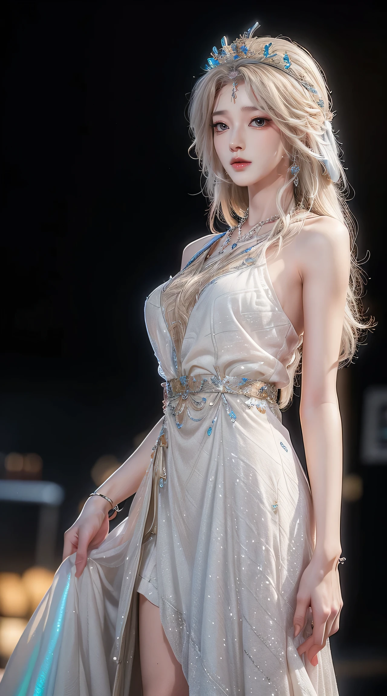 8k, masterpiece, original photo, best quality, lifelike, Extremely detailed CG unified 8k wallpaper, depth of field, movie light, lens flare, Ray tracing, (extremely beautiful face, beautiful lips, beautiful eyes), complex and detailed face, ((Skin is super delicate)) 1 girl, in the darkness, deep shadow, beautiful korean girl, kpop idol, 1 girl, (very slim slender fit-muscled body:1.3), ((looking at the audience)),(bright smile:1.3), (midnight, dark night, (neon lights), (blurred background), dim lights), (No one is in the background:1.3), beautiful earrings, bracelet, necklace, clear eyes, Walk , front Photo, (pale skin), (big eyes), face forward, (full-body shot), (brown hair), (looking at the audience:1.3), very slim, medium breasts