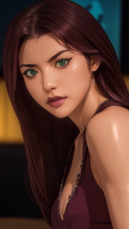 Masterpiece, Artgerm (Stanley Lau) style, gothic aesthetic, best quality, ultra realistic, 16k, crazy resolution, UHD, ultra-detailed, detailed eyes, detailed skin, detailed hair, detailed face, detailed fabric, detailed texture, ( 1 beautiful young woman, alone: 1.1),tall, Sakuragi Otome | Otome Dori, long red hair, gothic beauty, vibrant green eyes, tanned (yellow) skin, portrait, rocker clothes, High detail RAW color art, (detailed skin texture), (Muscle) detail, sharp focus, dramatic and photorealistic painting art of midjourney, natural breasts, (sideboob:1.2), jewelry, (realistic eyes), cowboy shot, V-shaped real eyes, ((hourglass shape)), hot naked, ( Blurred in vibrant cinematic light), atmosphere warm, Show all, ultra-detailed, fine details, nude, sexy waist, (proportional) big hips, thick thighs, tall, sexy, Natural Color Lip, face with expression of pleasure and tiredness, different sensual poses in different angles, dark room gothic with cinematic lights (blurred background)、20 years old、dream atmosphere 