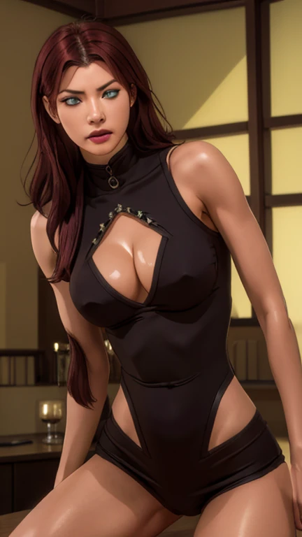 Masterpiece, Artgerm (Stanley Lau) style, gothic aesthetic, best quality, ultra realistic, 16k, crazy resolution, UHD, ultra-detailed, detailed eyes, detailed skin, detailed hair, detailed face, detailed fabric, detailed texture, ( 1 beautiful young woman, alone: 1.1),tall, Sakuragi Otome | Otome Dori, long red hair, gothic beauty, vibrant green eyes, tanned (yellow) skin, portrait, rocker clothes, High detail RAW color art, (detailed skin texture), (Muscle) detail, sharp focus, dramatic and photorealistic painting art of midjourney, natural breasts, (sideboob:1.2), jewelry, (realistic eyes), cowboy shot, V-shaped real eyes, ((hourglass shape)), hot naked, ( Blurred in vibrant cinematic light), atmosphere warm, Show all, ultra-detailed, fine details, nude, sexy waist, (proportional) big hips, thick thighs, tall, sexy, Natural Color Lip, face with expression of pleasure and tiredness, different sensual poses in different angles, dark room gothic with cinematic lights (blurred background)、20 years old、dream atmosphere