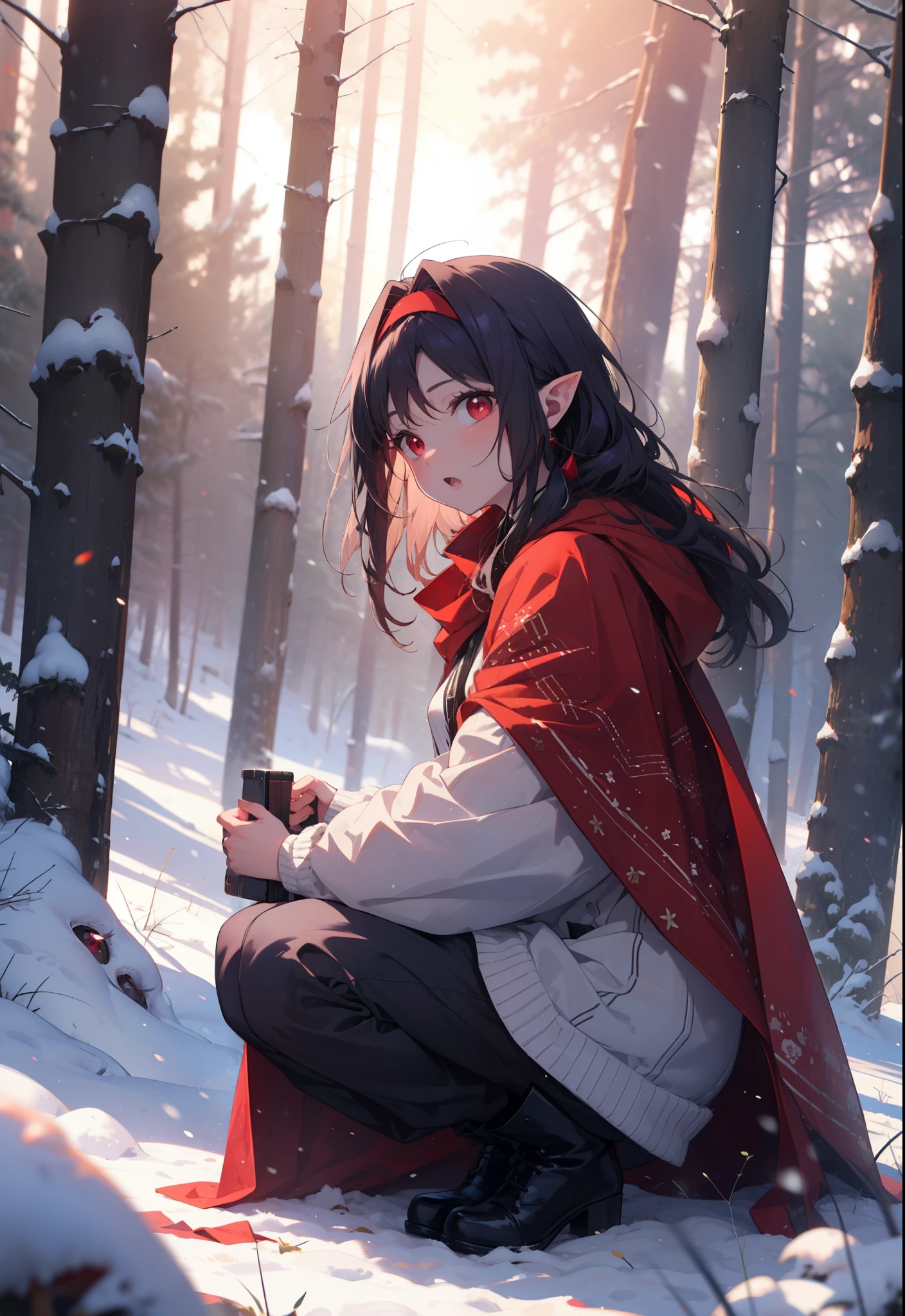 yuukikonno, Yuki Konno, hair band, Long Hair, Pointed Ears, Purple Hair, (Red eyes:1.5), (Small breasts:1.2), Open your mouth,snow, Bonfire , Outdoor, boots, snowing, From the side, wood, suitcase, Cape, Blurred, forest,nature, Squat, Mouth closed, 食べ物ed Cape, winter, Written boundary depth, Black shoes, red Cape
break looking at viewer, Upper Body, whole body,
break Outdoor, forest, nature,
break (masterpiece:1.2), highest quality, High resolution, unity 8k wallpaper, (shape:0.8), (Beautiful and beautiful eyes:1.6), Highly detailed face, Perfect lighting, Extremely detailed CG, (Perfect hands, Perfect Anatomy),